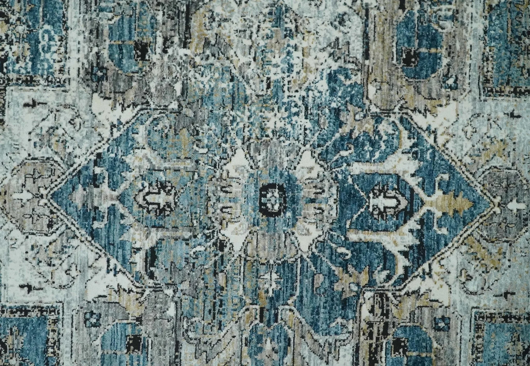 Blue, Beige and Black Antique Finish, Vintage look, Art Silk Area Rug, Living Room Rug | TRDMM1 - Image 10