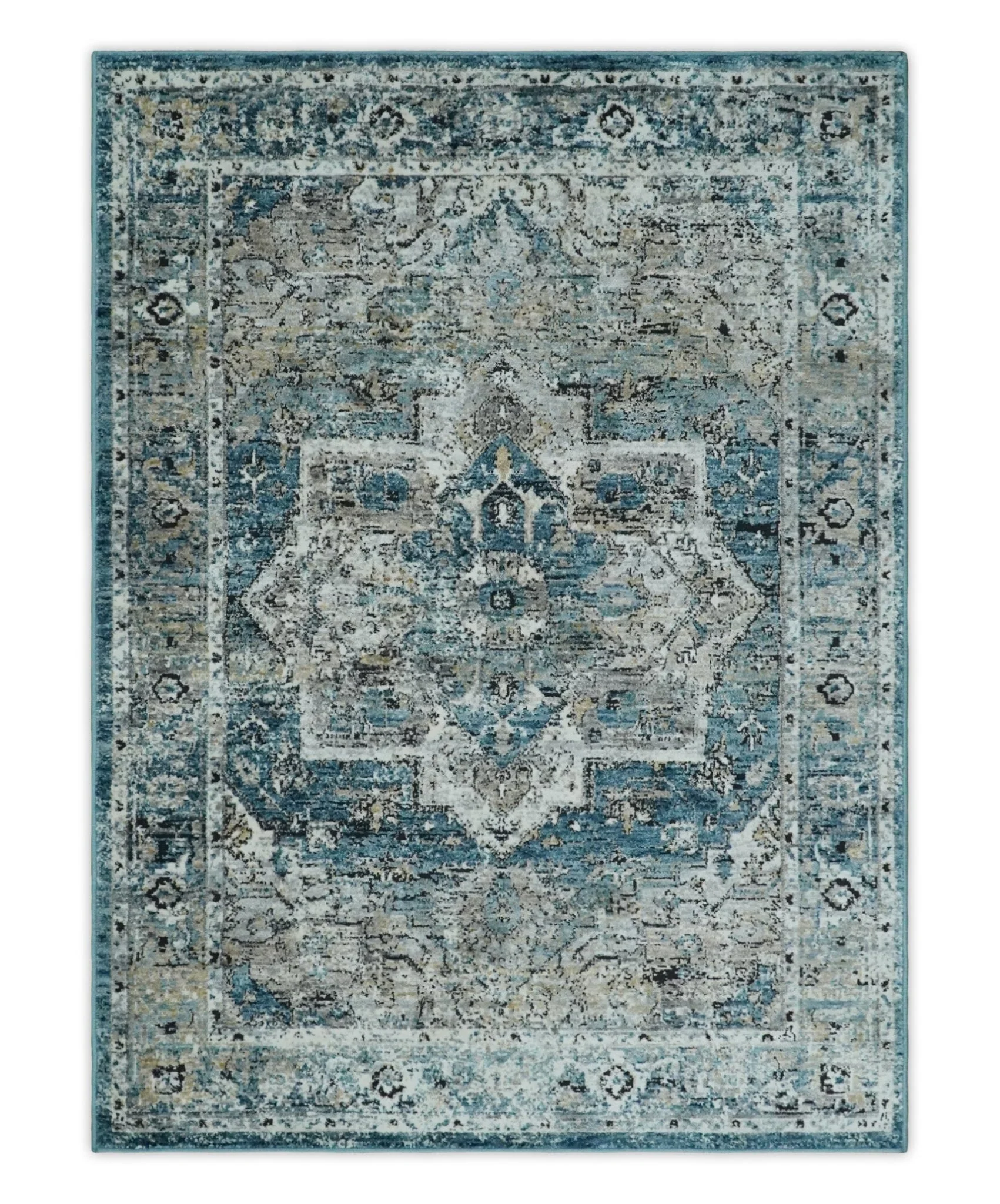 Blue, Beige and Black Antique Finish, Vintage look, Art Silk Area Rug, Living Room Rug | TRDMM1 - Image 12