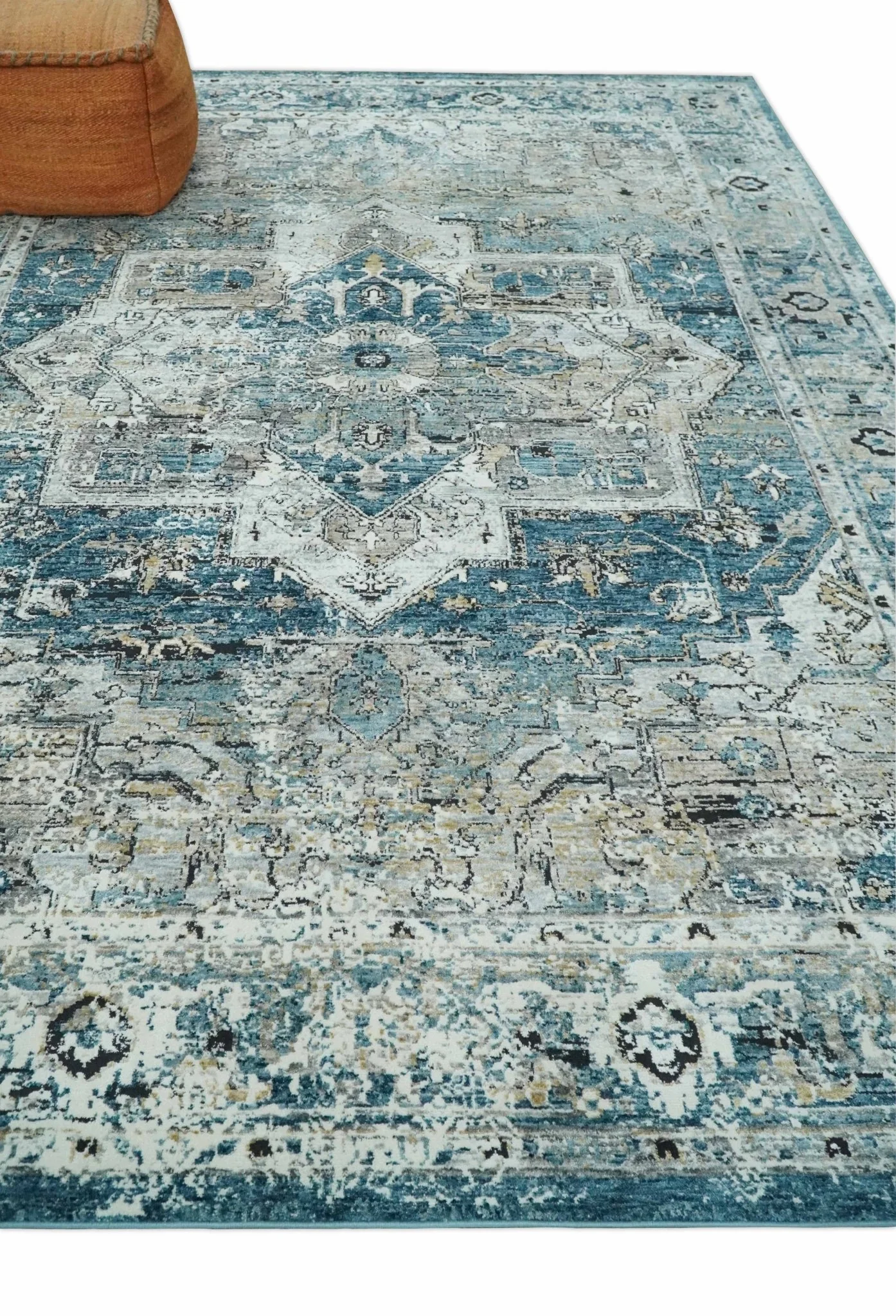 Blue, Beige and Black Antique Finish, Vintage look, Art Silk Area Rug, Living Room Rug | TRDMM1 - Image 3