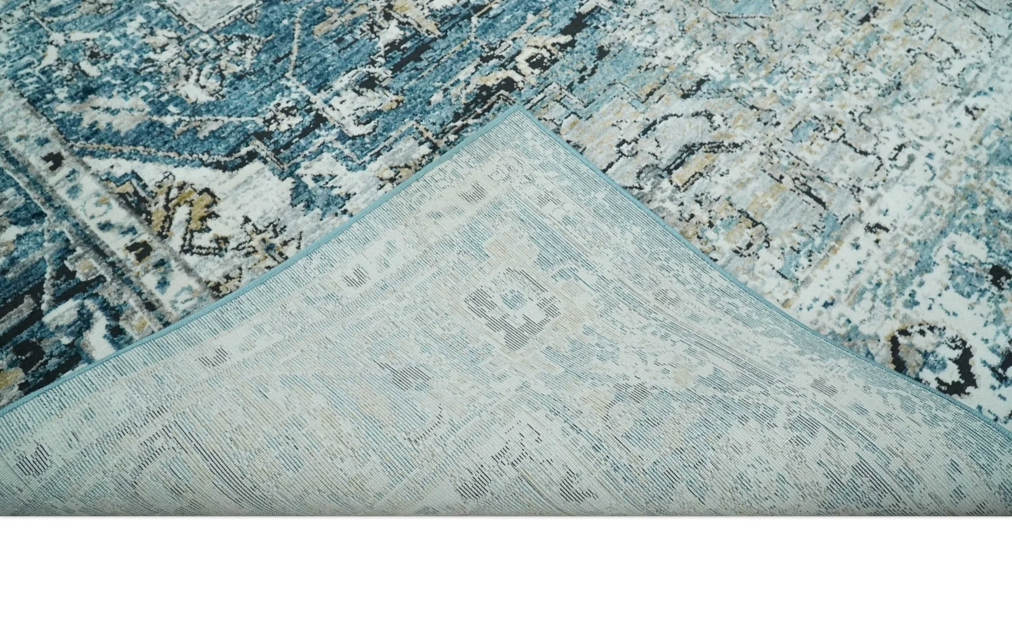 Blue, Beige and Black Antique Finish, Vintage look, Art Silk Area Rug, Living Room Rug | TRDMM1 - Image 4