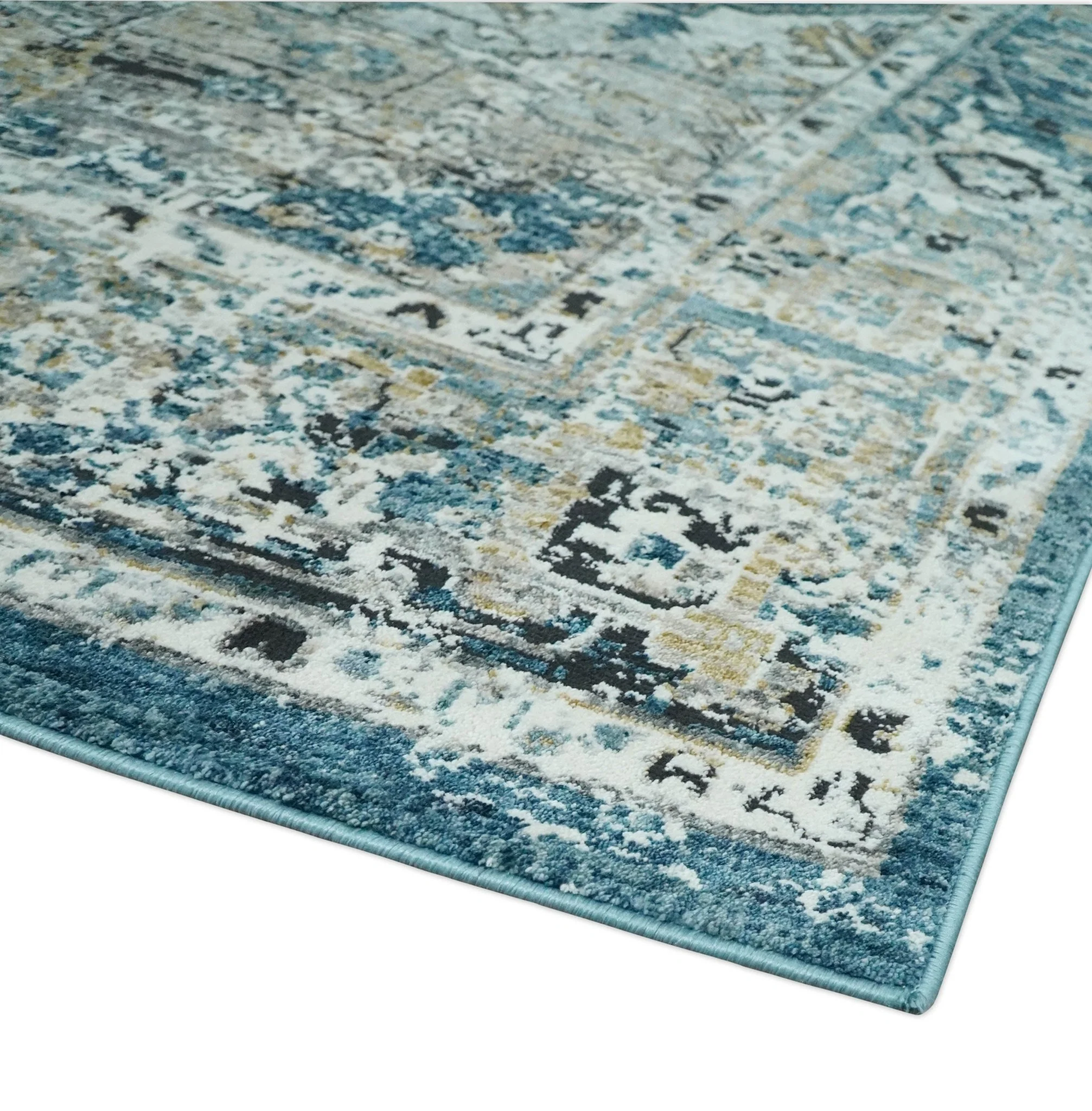 Blue, Beige and Black Antique Finish, Vintage look, Art Silk Area Rug, Living Room Rug | TRDMM1 - Image 6