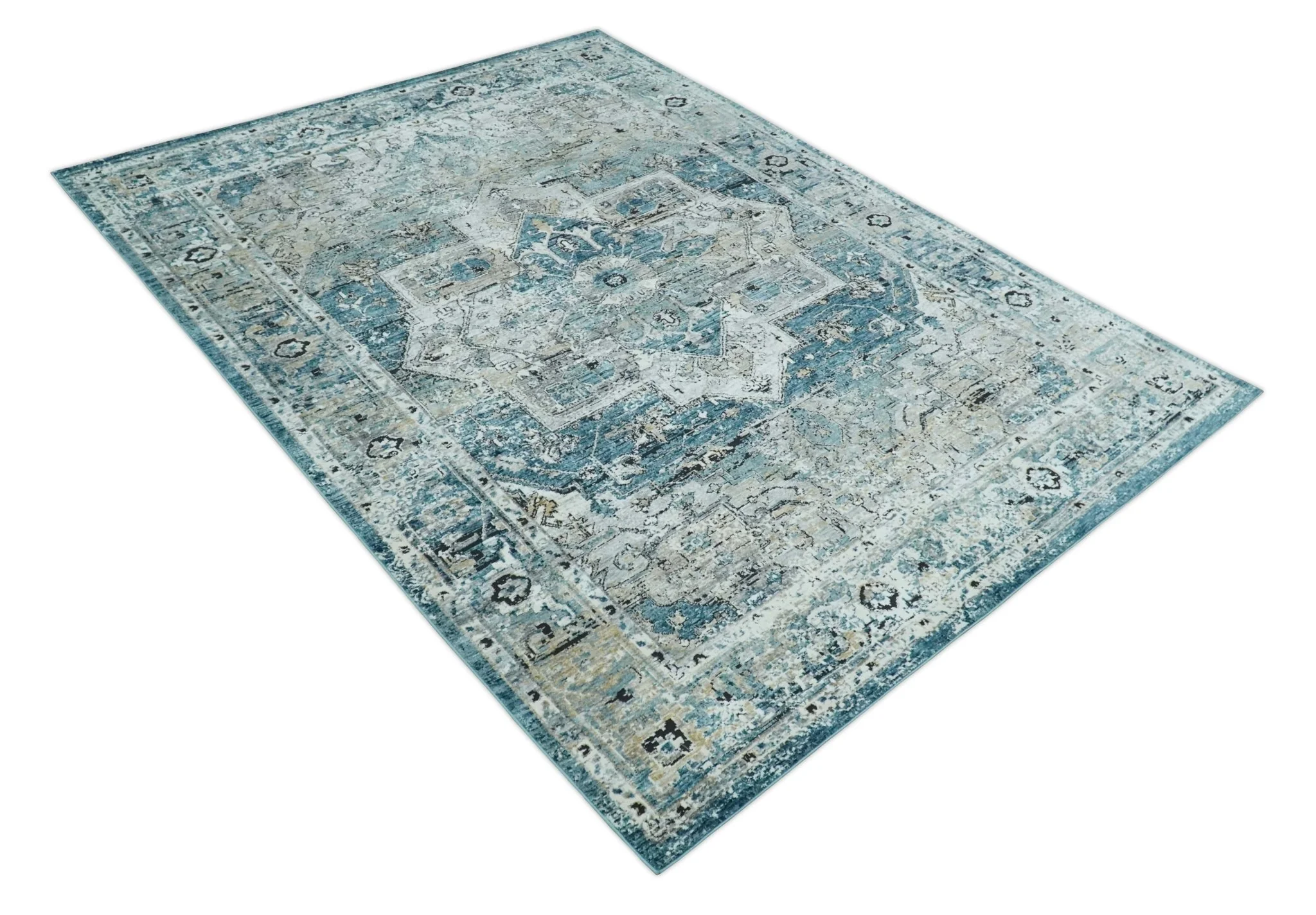 Blue, Beige and Black Antique Finish, Vintage look, Art Silk Area Rug, Living Room Rug | TRDMM1 - Image 7