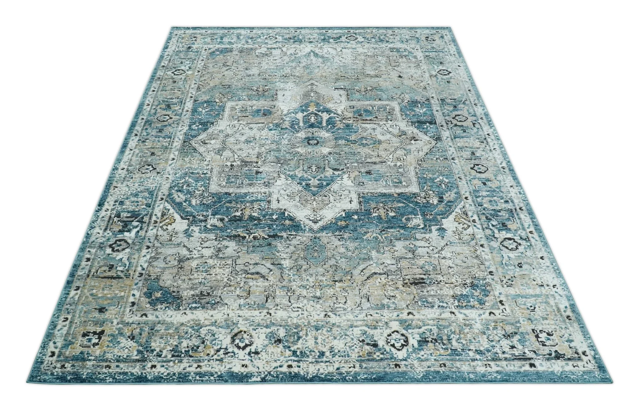 Blue, Beige and Black Antique Finish, Vintage look, Art Silk Area Rug, Living Room Rug | TRDMM1 - Image 8