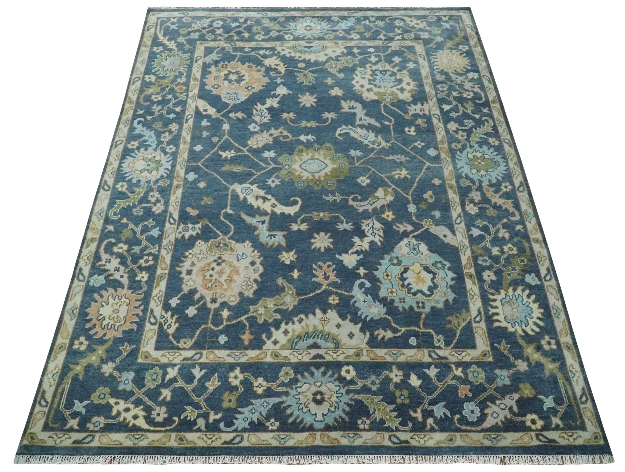 Blue, Beige and Green 9x12 Hand knotted Traditional Oushak Wool Area Rug - Image 10