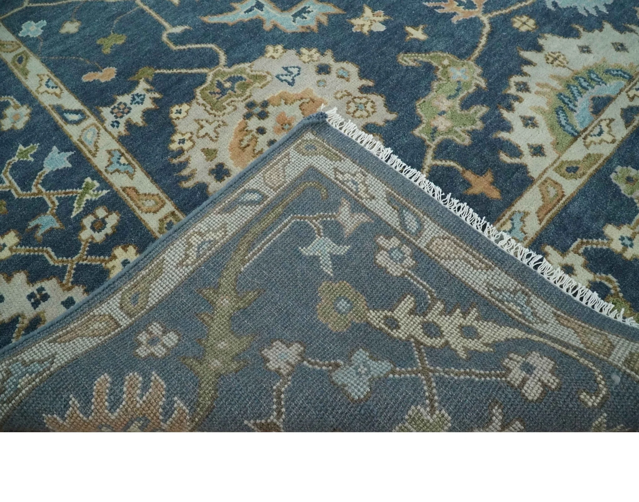 Blue, Beige and Green 9x12 Hand knotted Traditional Oushak Wool Area Rug - Image 7