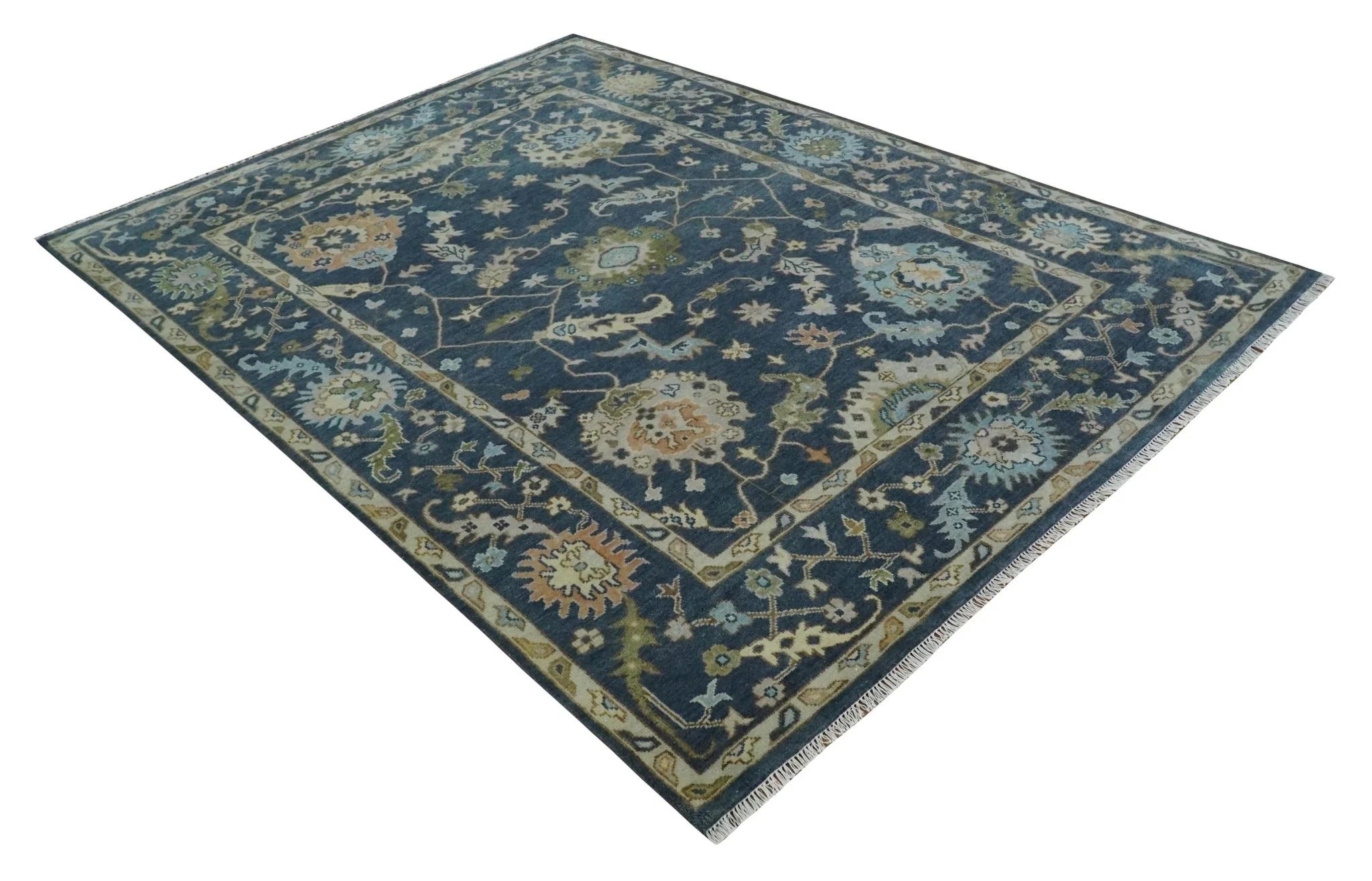Blue, Beige and Green 9x12 Hand knotted Traditional Oushak Wool Area Rug - Image 9