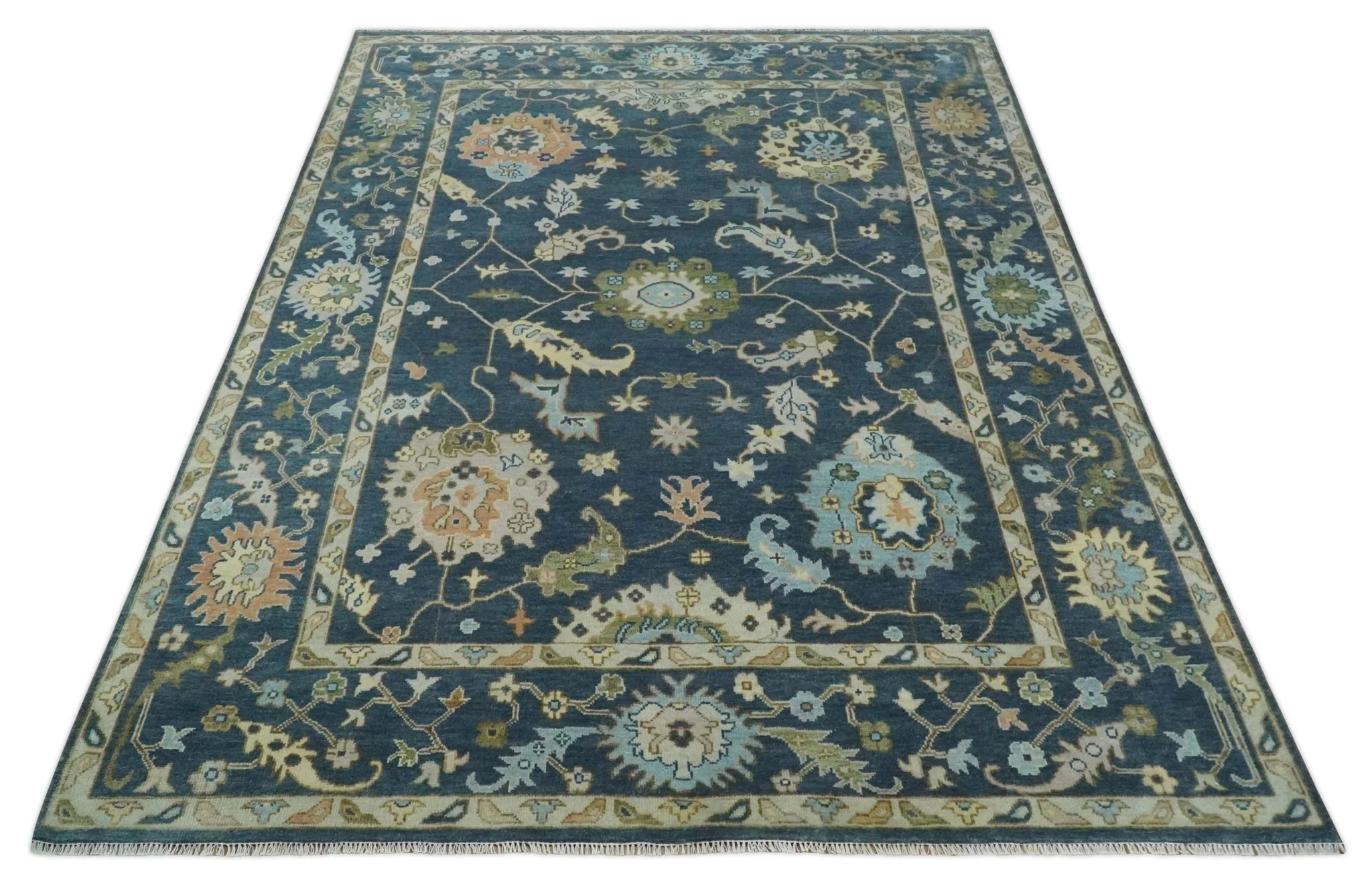 Blue, Beige and Green 10.3x13.8 Hand knotted Traditional Oushak Wool Area Rug, Kids, Living Room and Bedroom Rug - Image 10