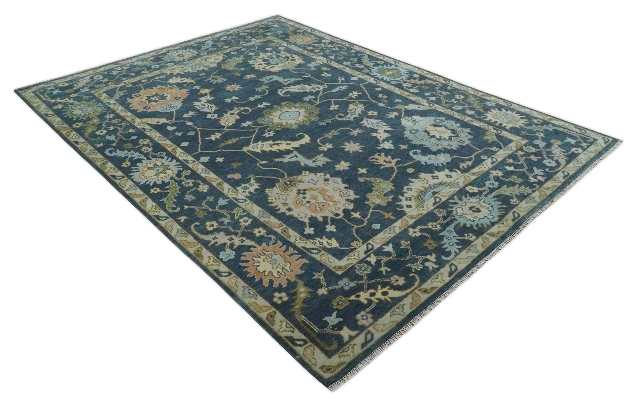 Blue, Beige and Green 10.3x13.8 Hand knotted Traditional Oushak Wool Area Rug, Kids, Living Room and Bedroom Rug - Image 9