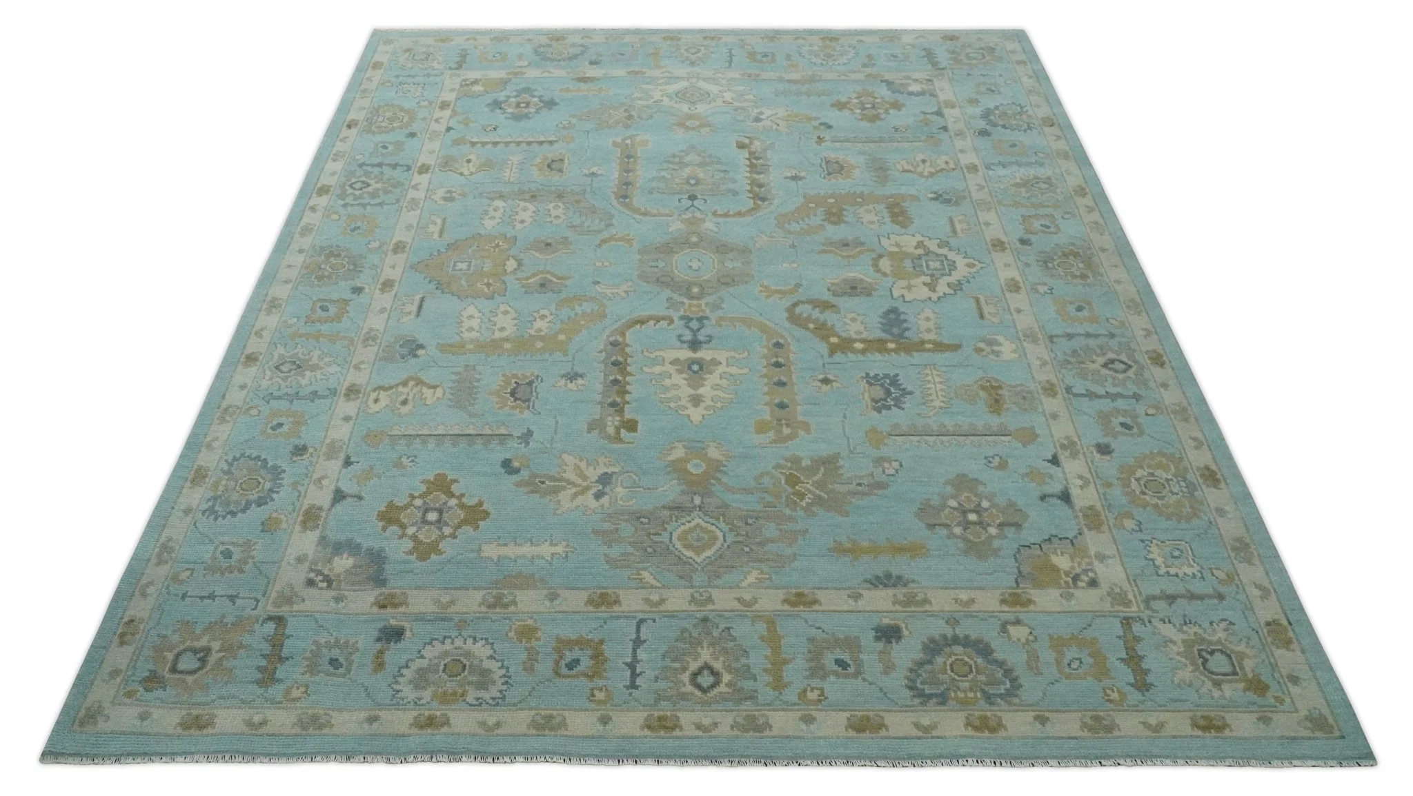 Custom Made Blue, Brown and Ivory Hand knotted Traditional Oushak Wool Rug - Image 10