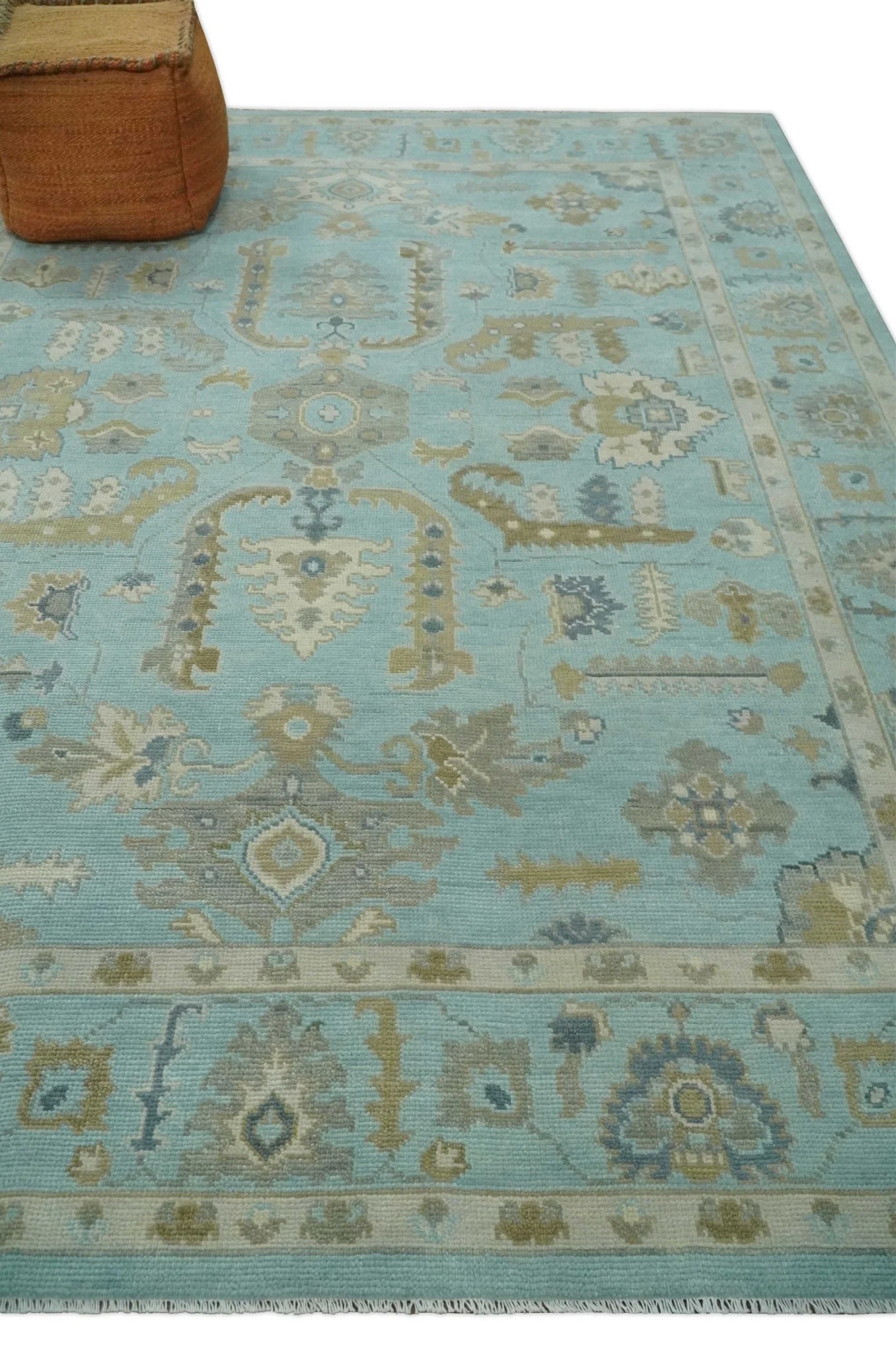 Custom Made Blue, Brown and Ivory Hand knotted Traditional Oushak Wool Rug - Image 3
