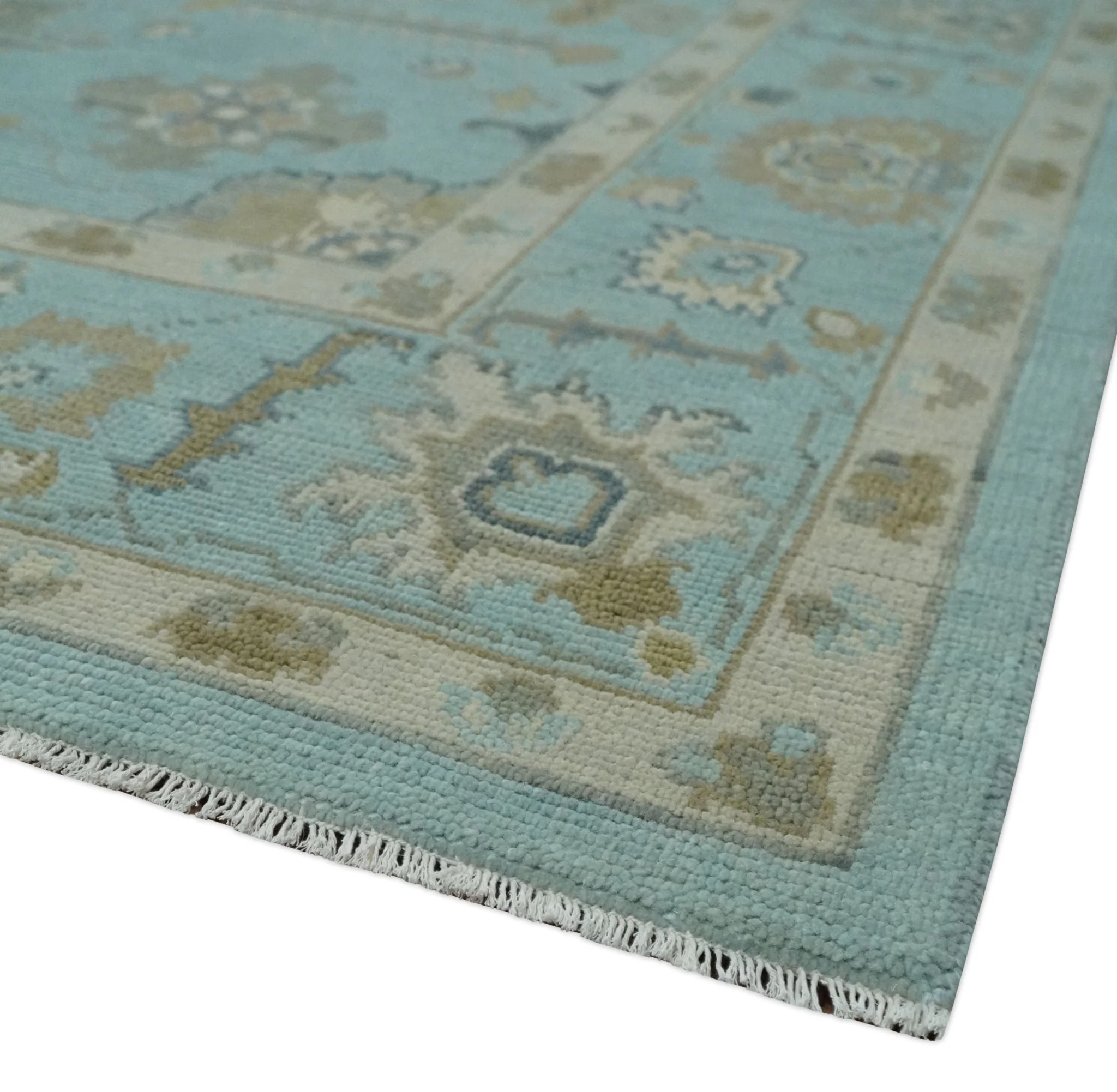 Custom Made Blue, Brown and Ivory Hand knotted Traditional Oushak Wool Rug - Image 5