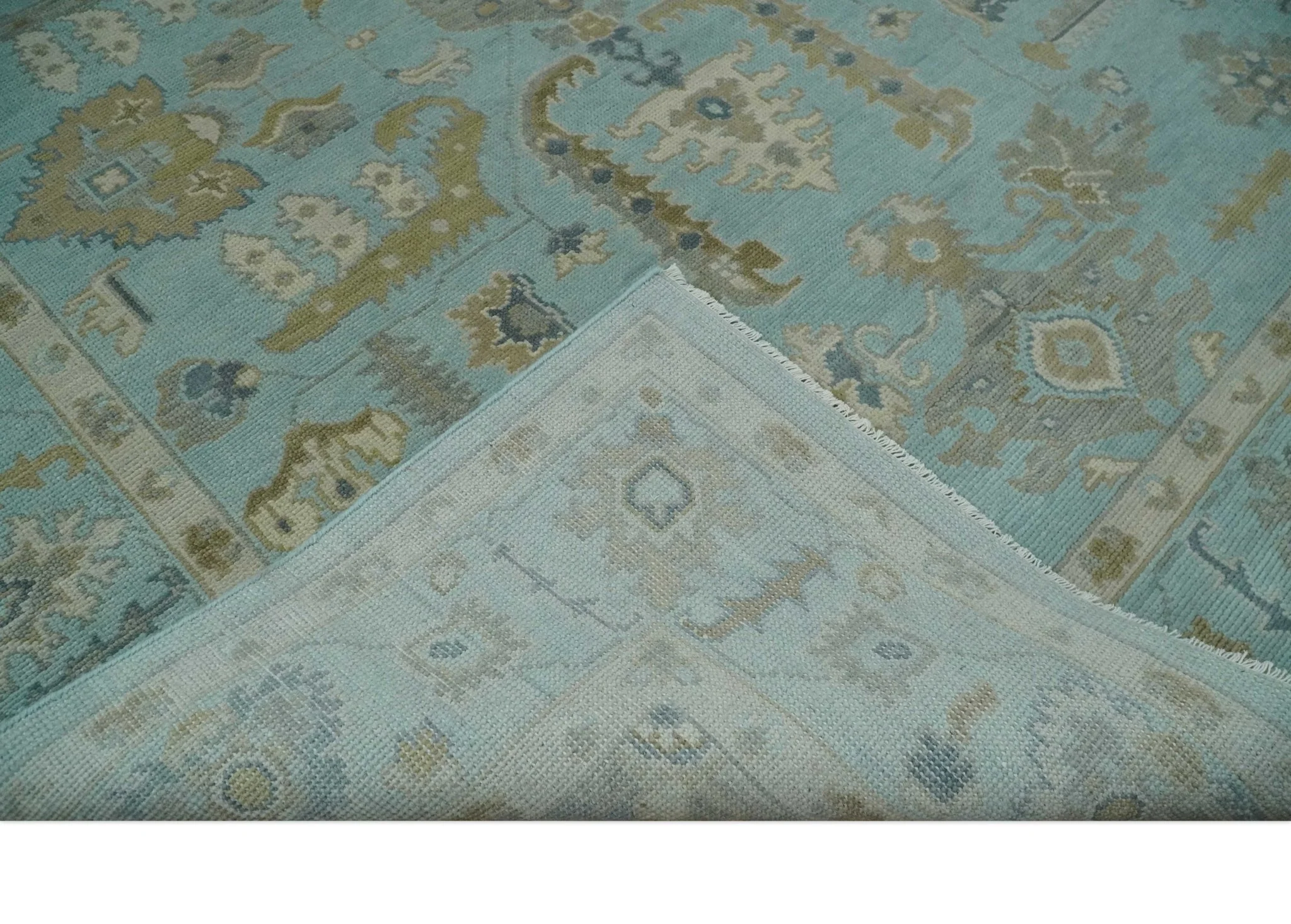 Custom Made Blue, Brown and Ivory Hand knotted Traditional Oushak Wool Rug - Image 7