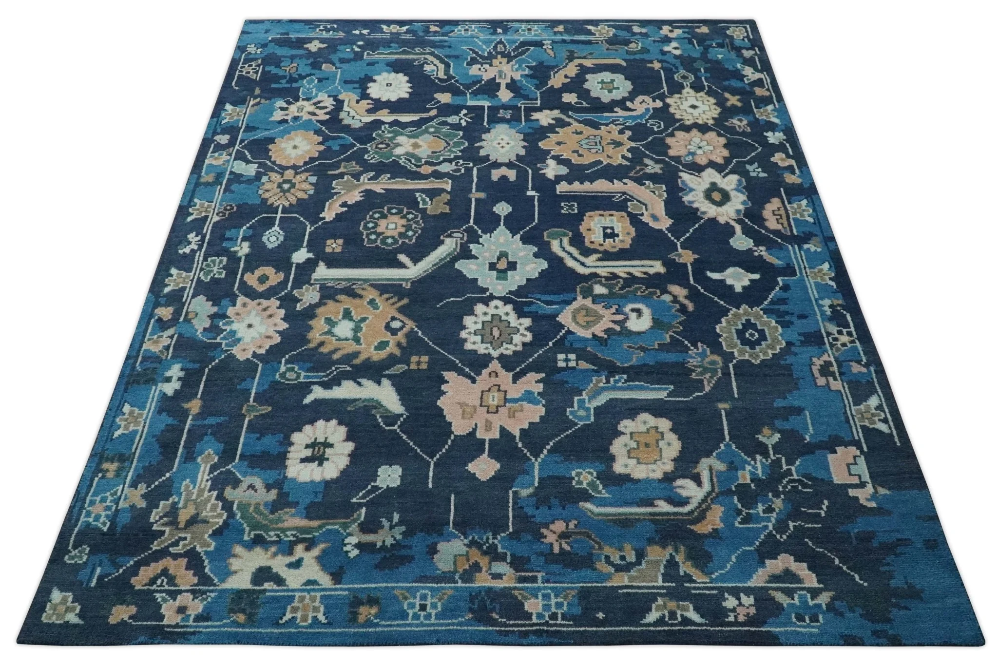 Custom Made Blue, Camel and Ivory Traditional Oriental Oushak wool Area Rug - Image 10