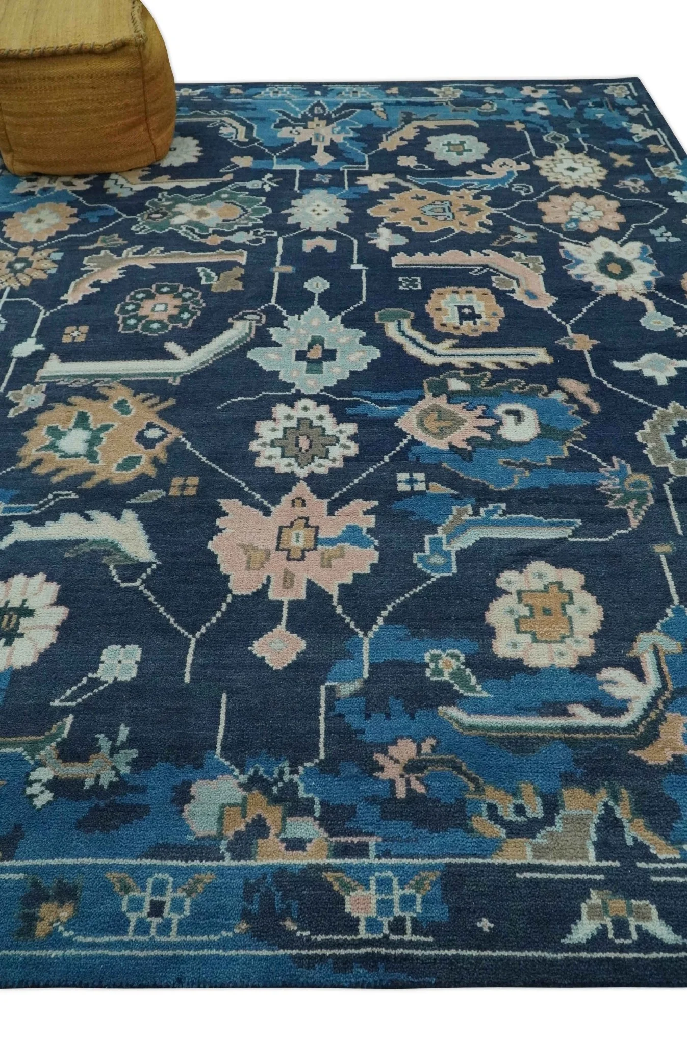 Custom Made Blue, Camel and Ivory Traditional Oriental Oushak wool Area Rug - Image 3