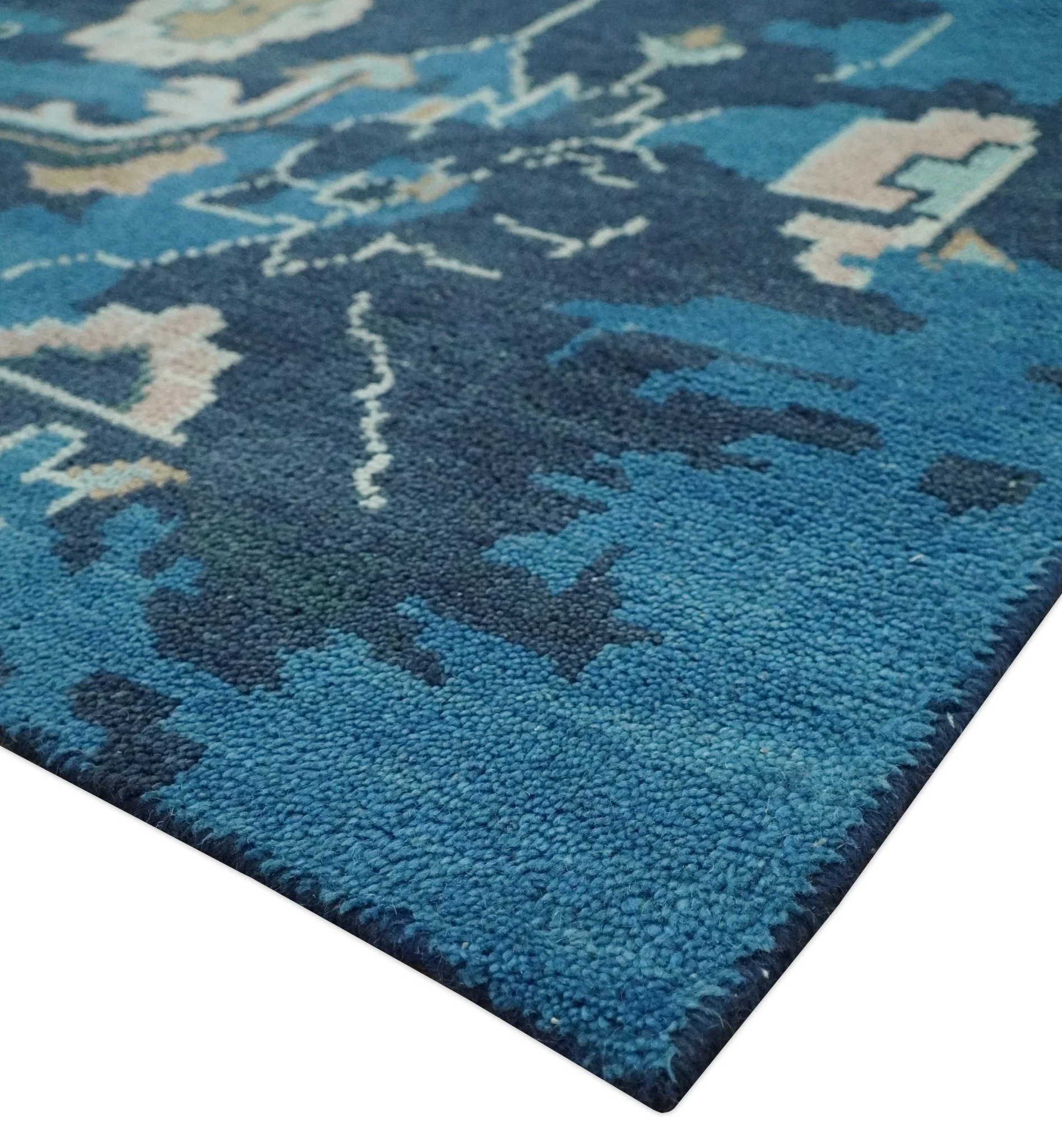 Custom Made Blue, Camel and Ivory Traditional Oriental Oushak wool Area Rug - Image 5