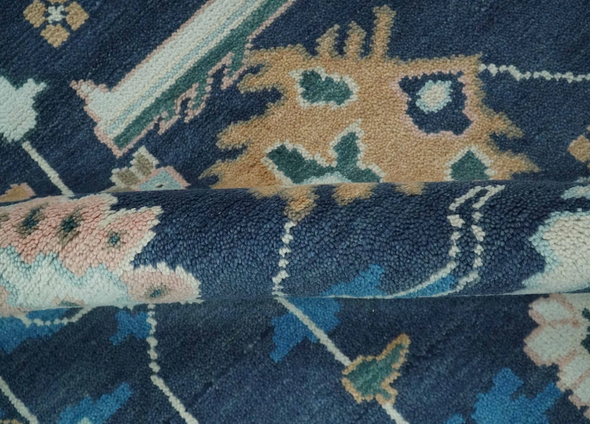 Custom Made Blue, Camel and Ivory Traditional Oriental Oushak wool Area Rug - Image 6