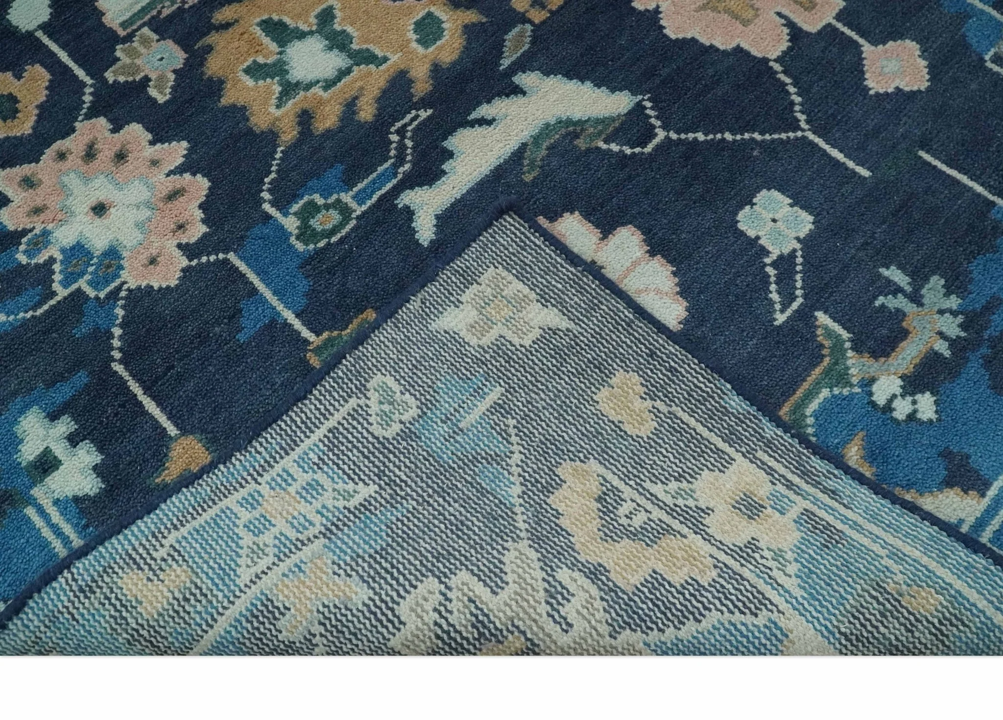 Custom Made Blue, Camel and Ivory Traditional Oriental Oushak wool Area Rug - Image 7