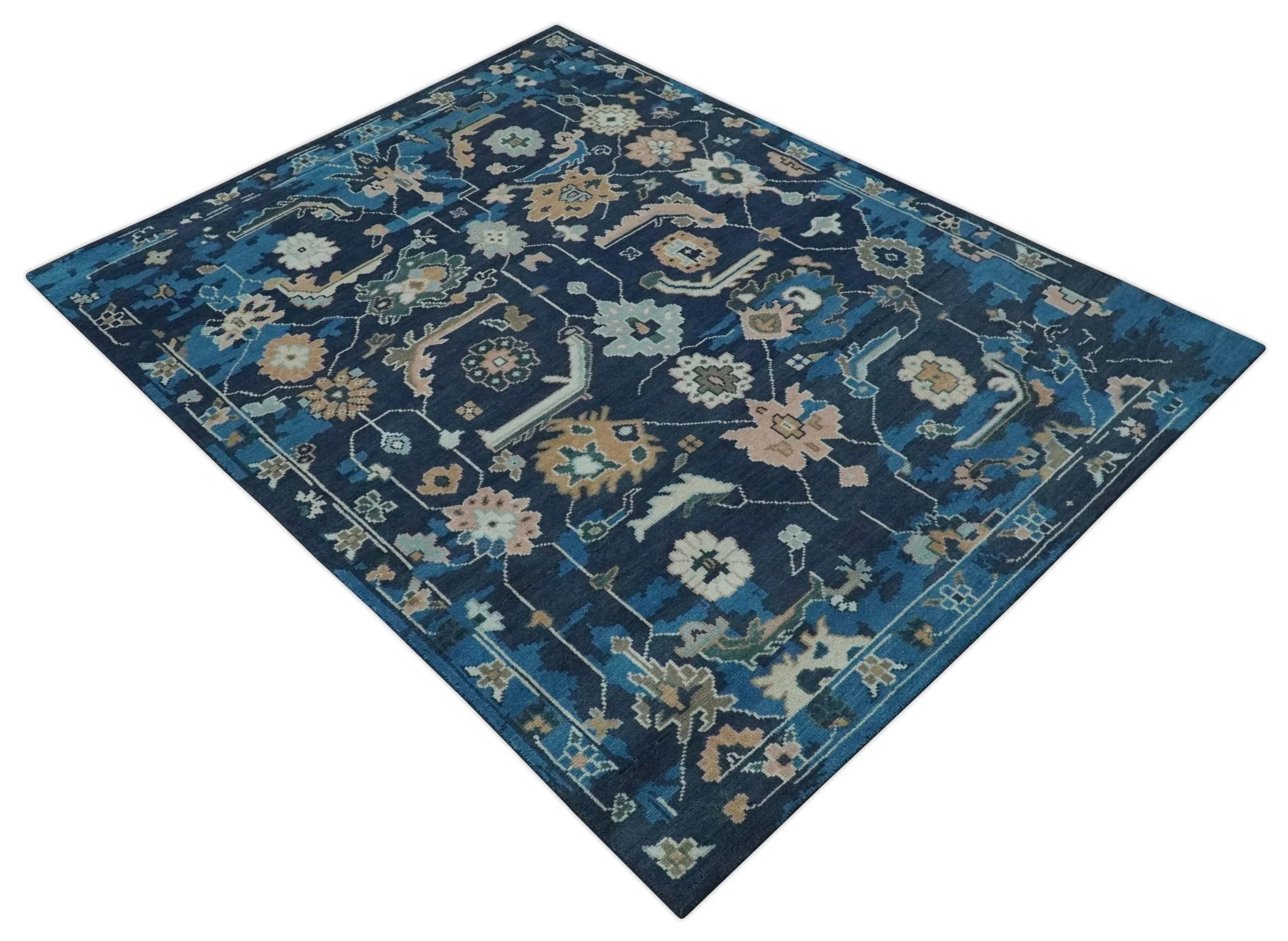 Custom Made Blue, Camel and Ivory Traditional Oriental Oushak wool Area Rug - Image 9