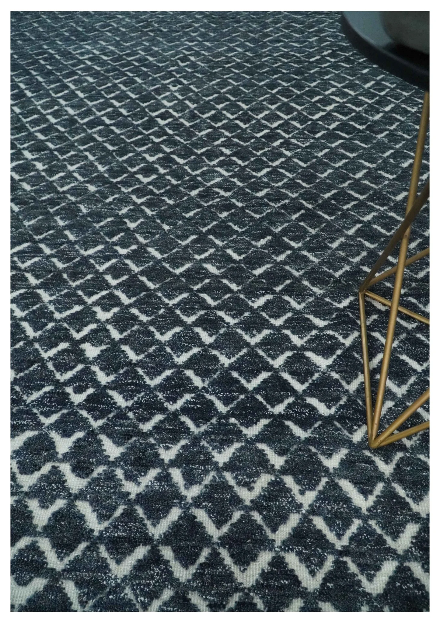 Contemporary Blue, Charcoal and Ivory Hand carved Geometrical Design Hand knotted wool Area Rug - Image 2