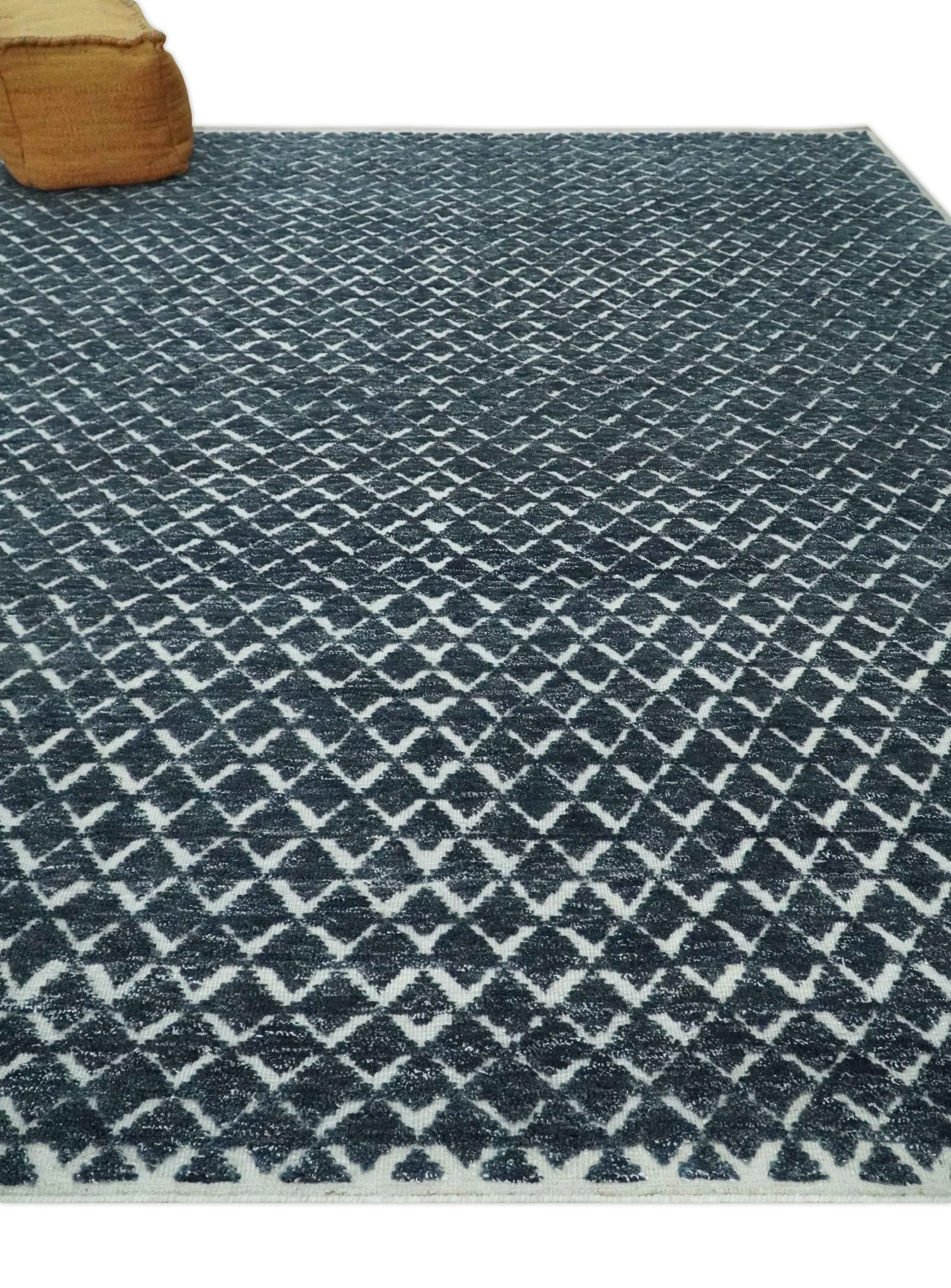 Contemporary Blue, Charcoal and Ivory Hand carved Geometrical Design Hand knotted wool Area Rug - Image 3