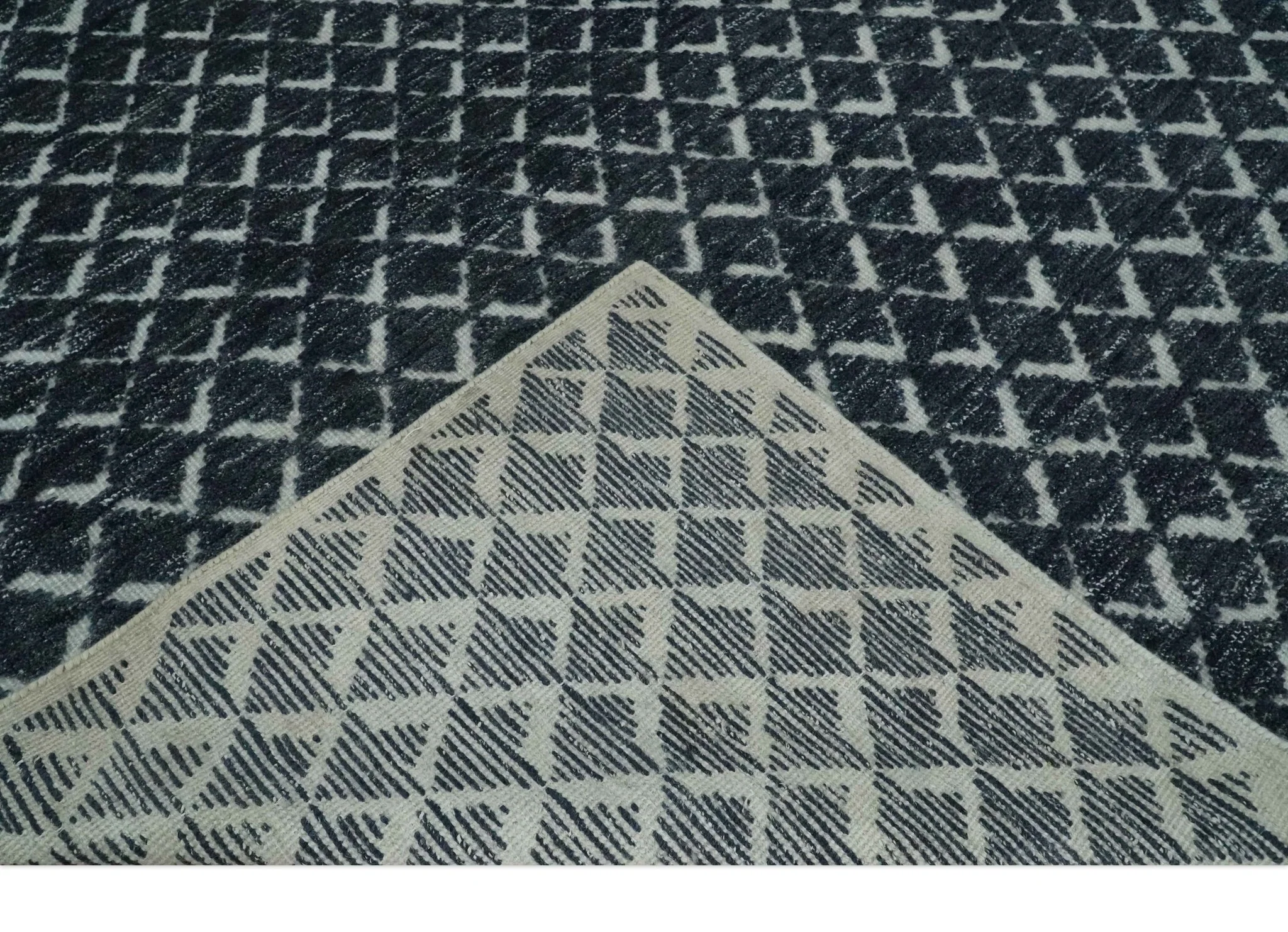 Contemporary Blue, Charcoal and Ivory Hand carved Geometrical Design Hand knotted wool Area Rug - Image 7