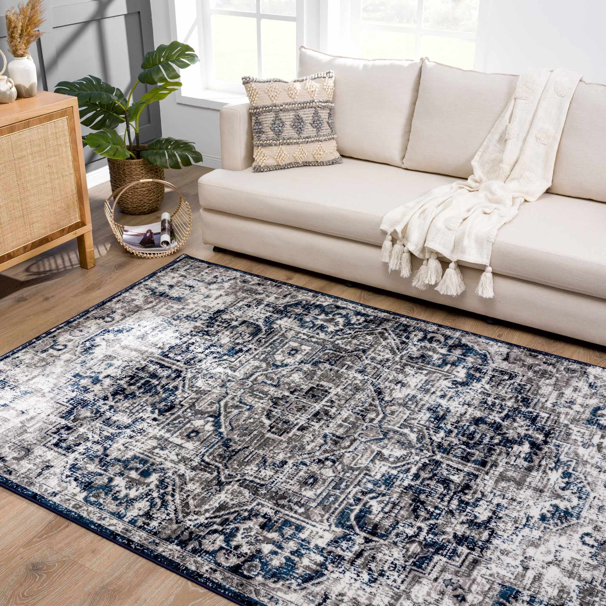 Traditional Heriz Design Blue, Gray and Ivory Jute Backing Area Rug - Image 17