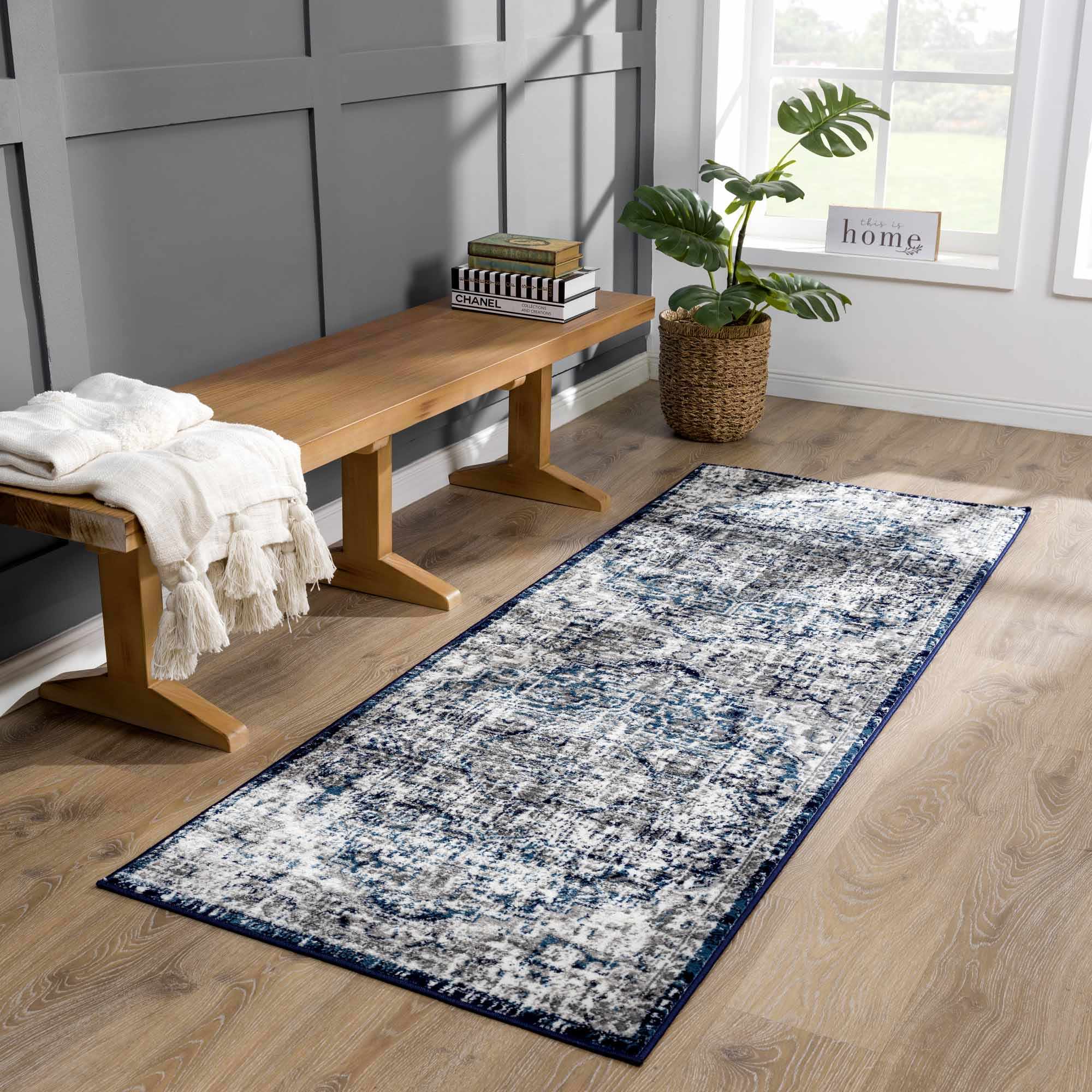 Traditional Heriz Design Blue, Gray and Ivory Jute Backing Area Rug - Image 3
