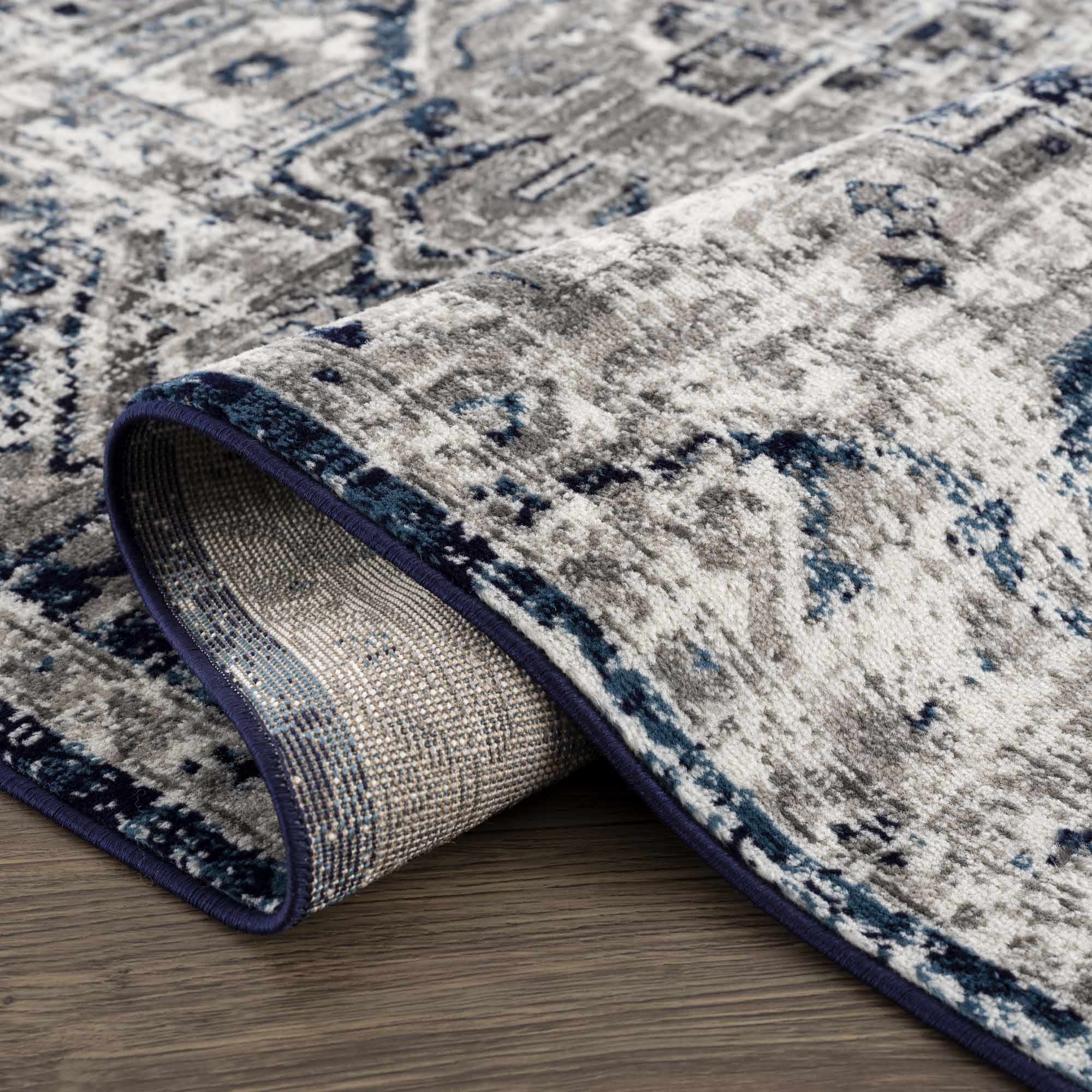 Traditional Heriz Design Blue, Gray and Ivory Jute Backing Area Rug - Image 9
