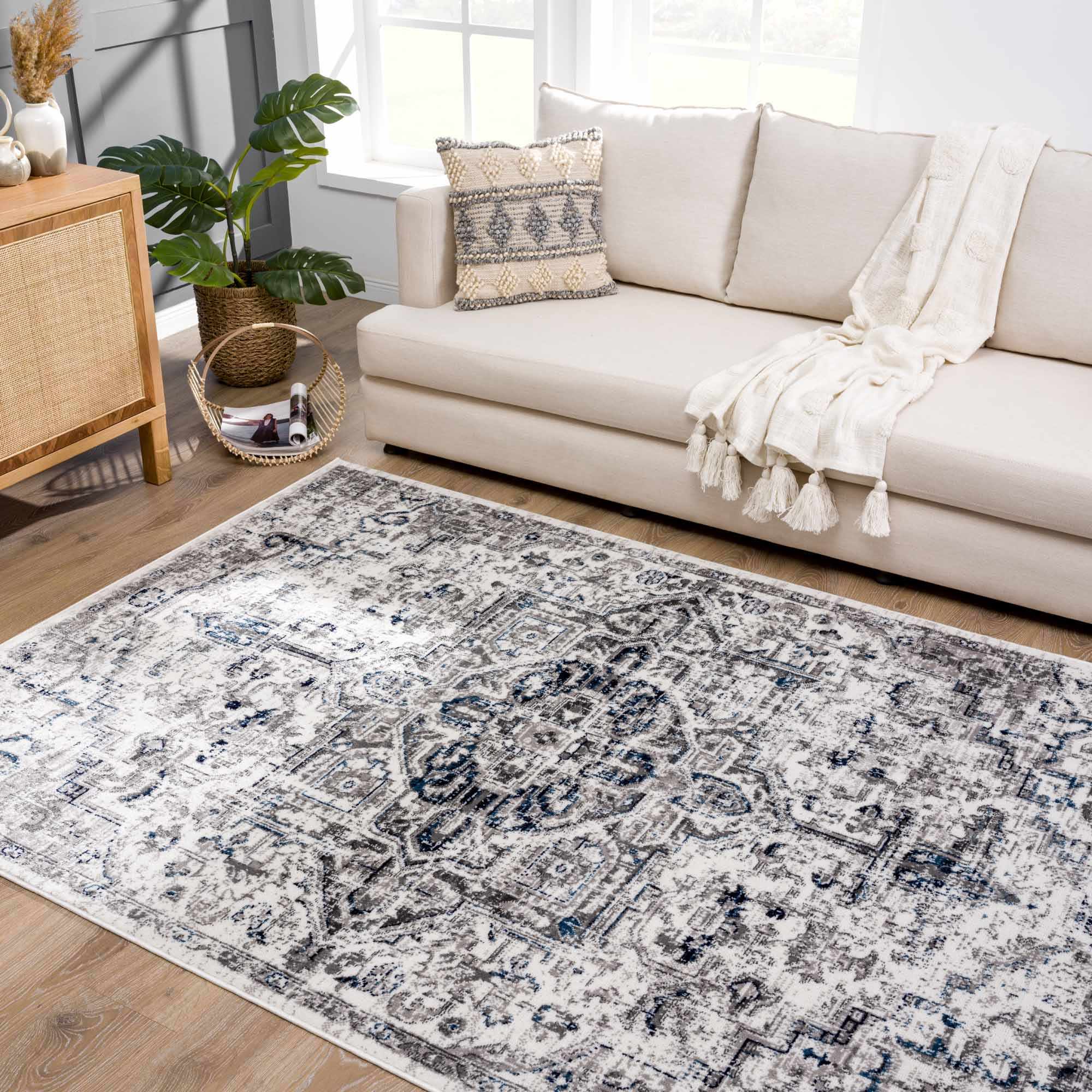 Antique Style Blue, Gray and Ivory Traditional Heriz Design Jute Backing Area Rug - Image 14