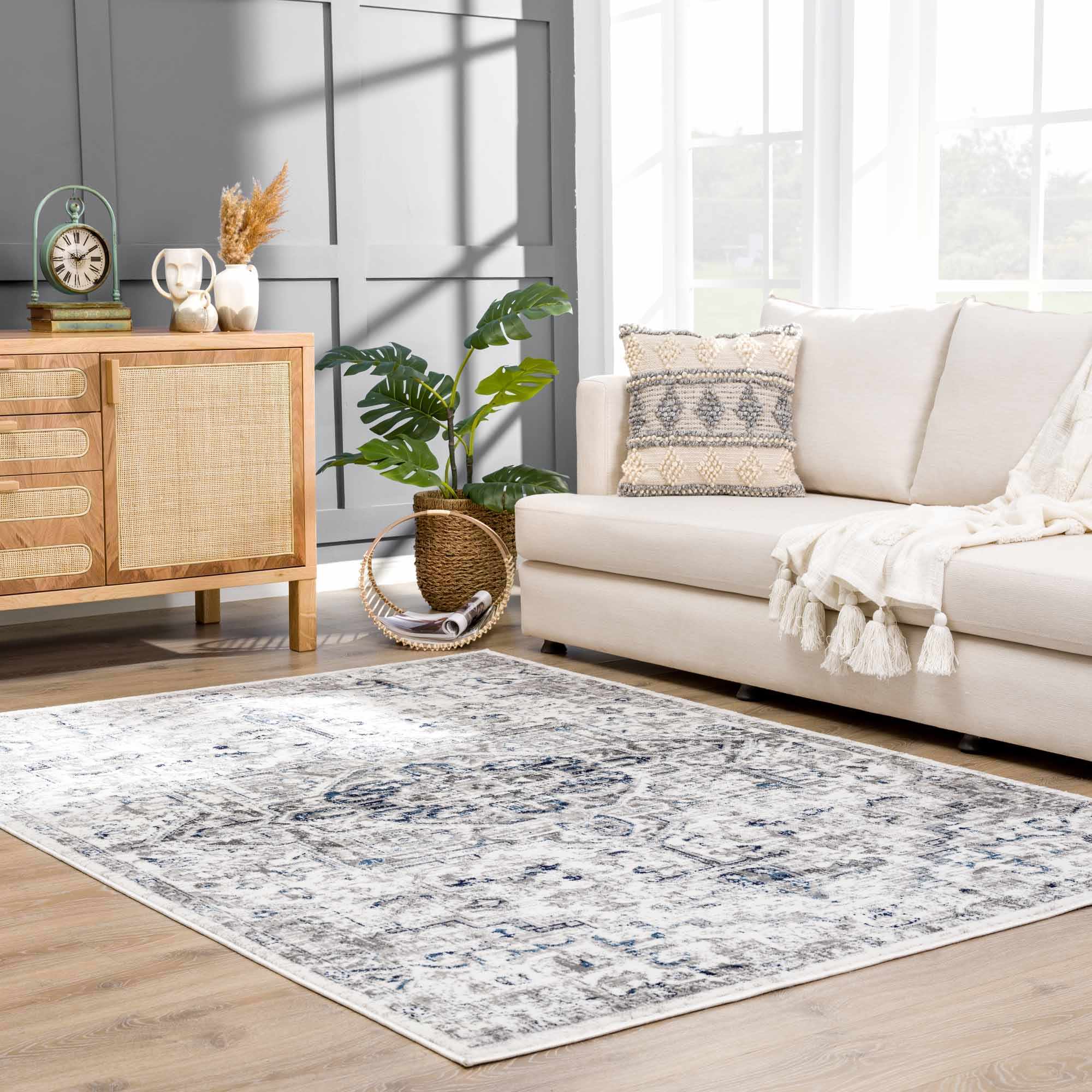 Antique Style Blue, Gray and Ivory Traditional Heriz Design Jute Backing Area Rug - Image 2