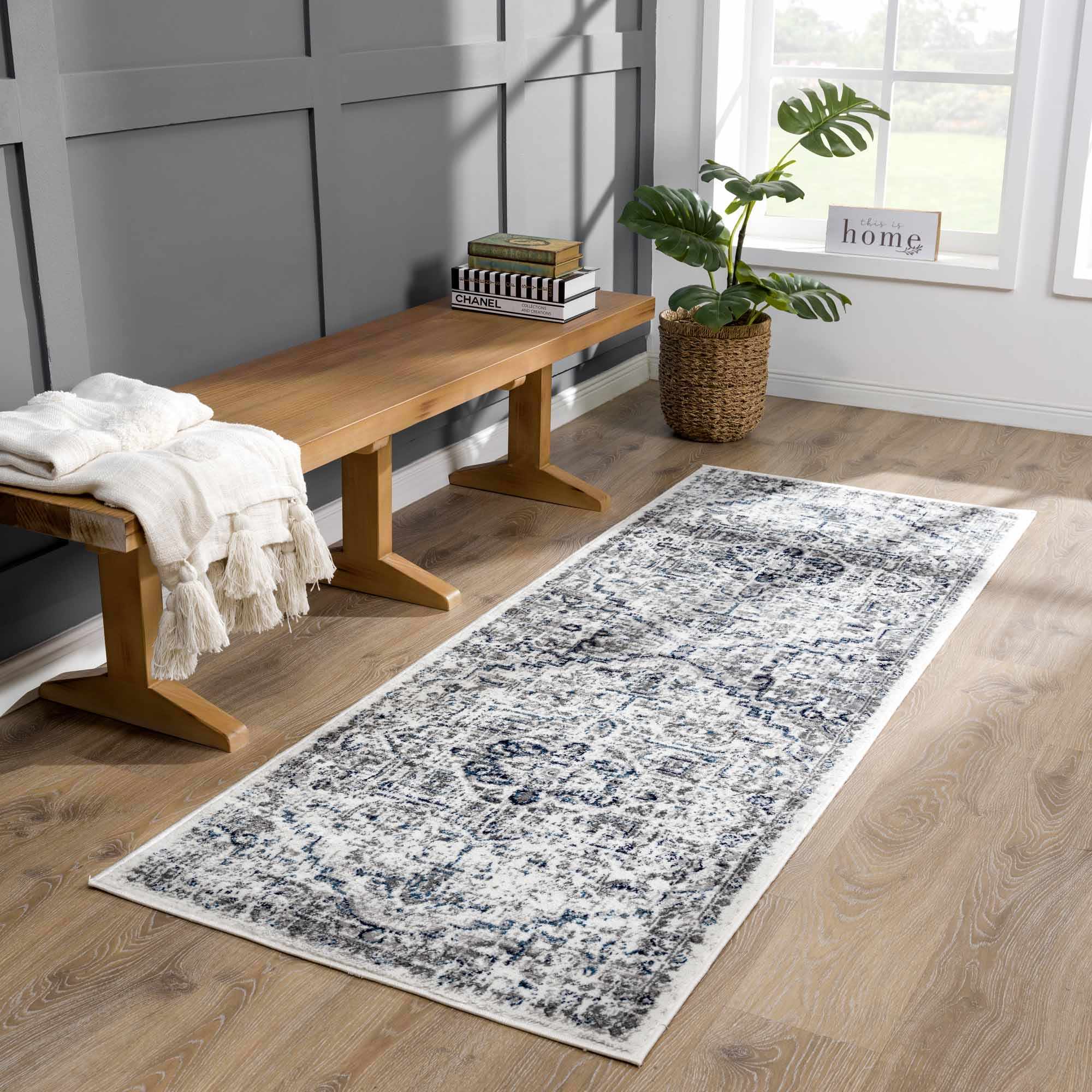Antique Style Blue, Gray and Ivory Traditional Heriz Design Jute Backing Area Rug - Image 3