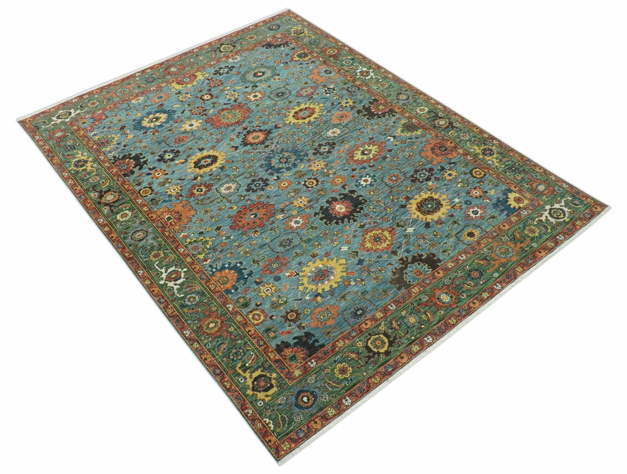 Blue, Green And Rust Traditional Turkish knot fine Hand knotted Wool Area Rug - Image 11