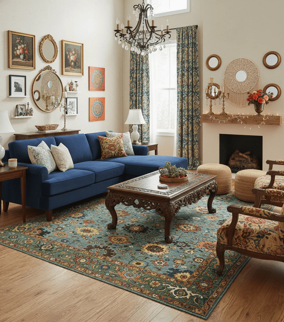 Blue, Green And Rust Traditional Turkish knot fine Hand knotted Wool Area Rug - Image 2