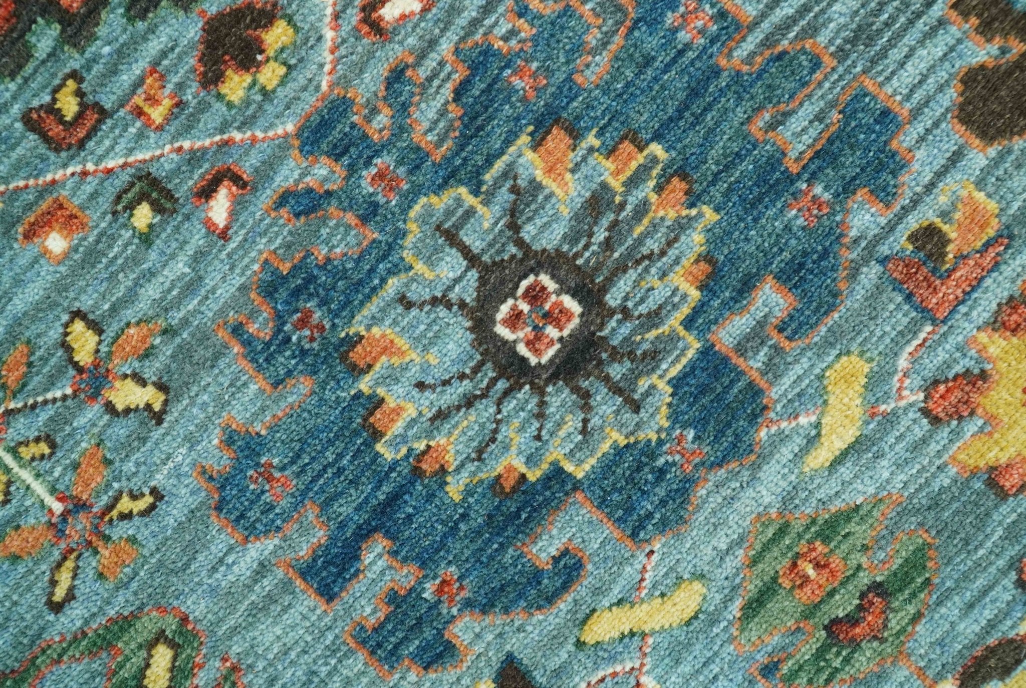 Blue, Green And Rust Traditional Turkish knot fine Hand knotted Wool Area Rug - Image 7