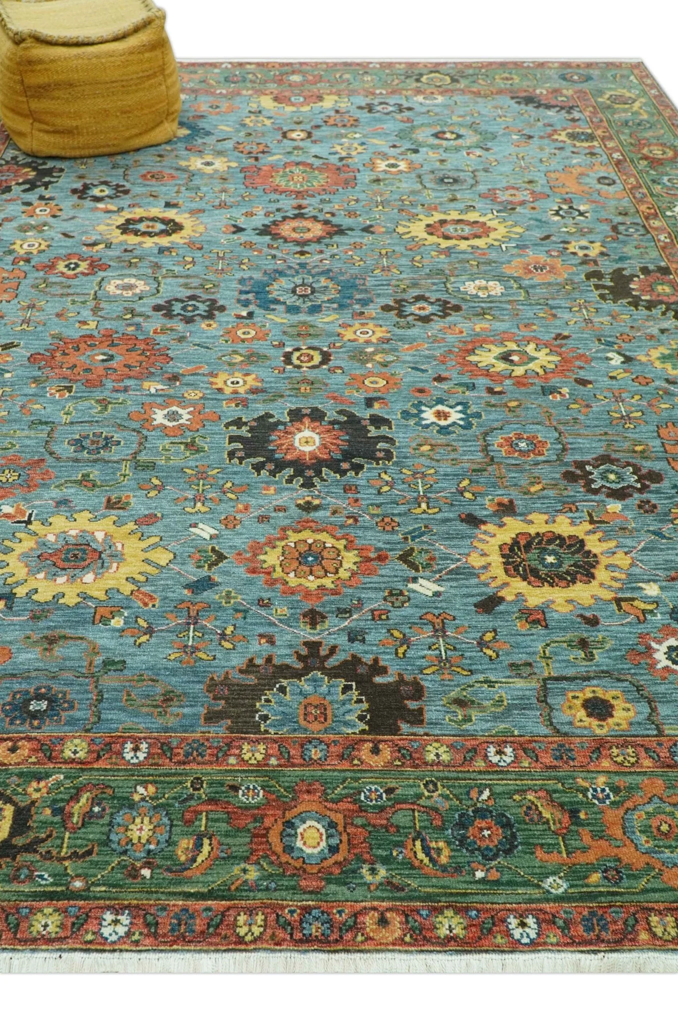 Blue, Green And Rust Traditional Turkish knot fine Hand knotted Wool Area Rug - Image 9