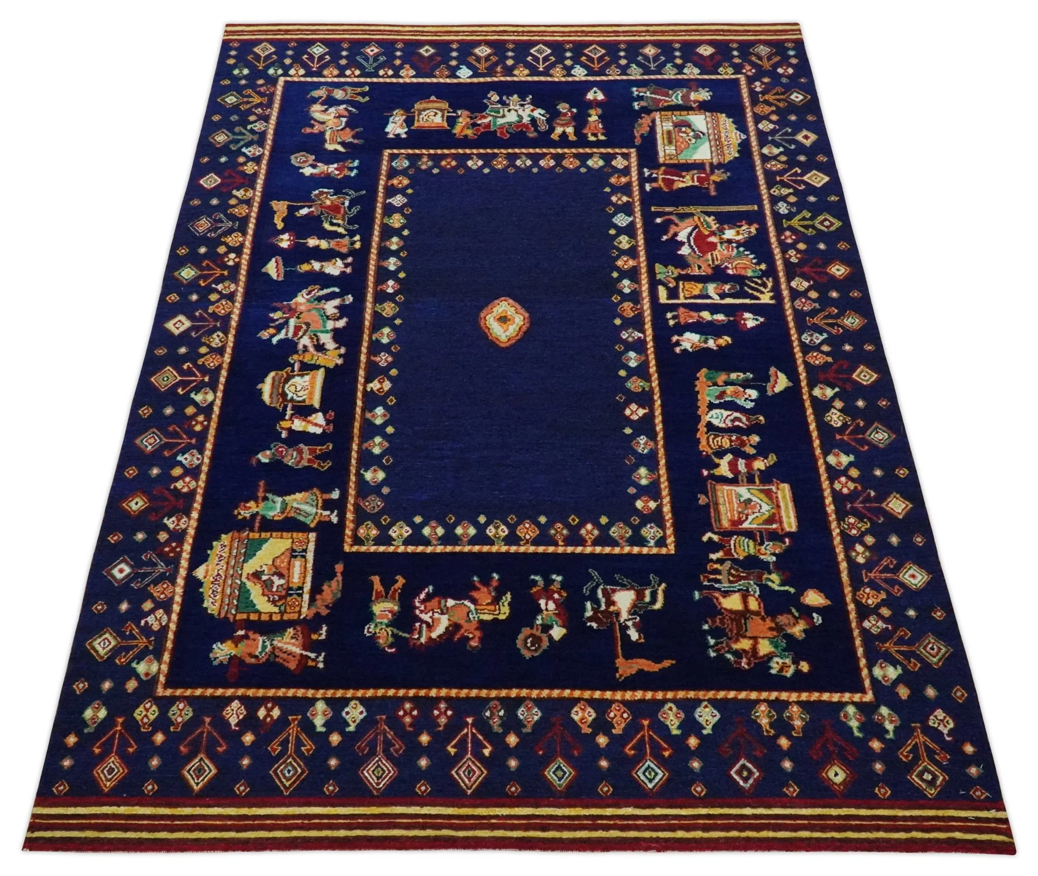 Flatwoven 5x7 Navy Blue Indian Wedding Soumak Rug, Hand Spun Wool Rug | KNT40 - Image 8