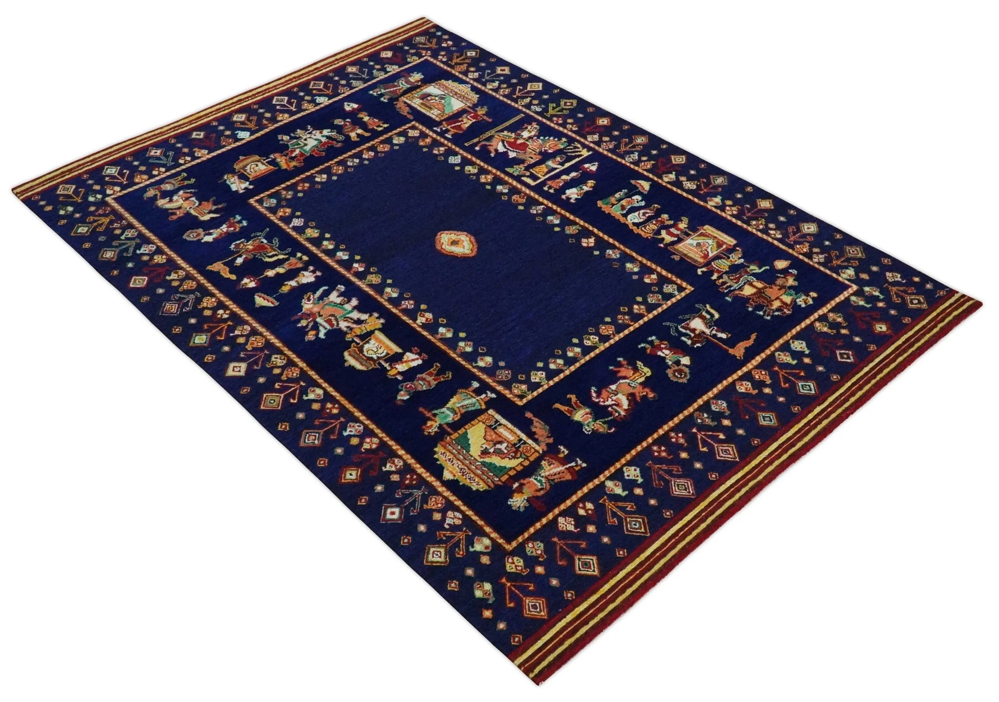 Flatwoven 5x7 Navy Blue Indian Wedding Soumak Rug, Hand Spun Wool Rug | KNT40 - Image 9