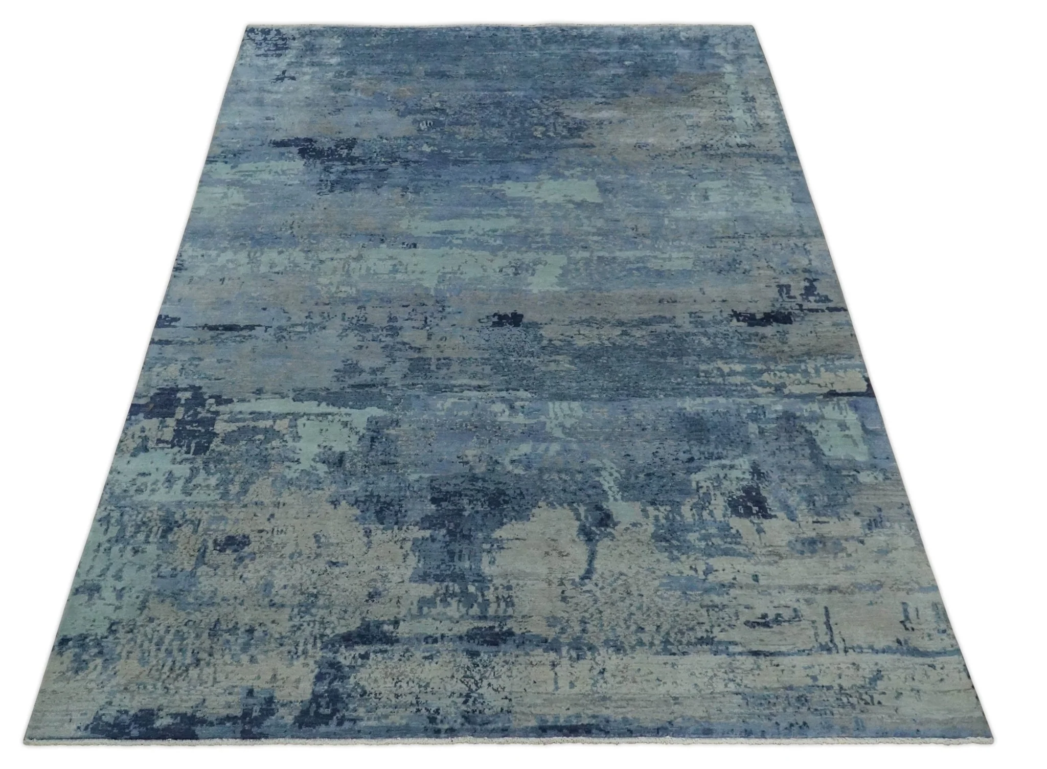 Blue, Ivory and Aqua Modern abstract Hand Knotted 8x10 wool and Bamboo Silk area Rug - Image 10