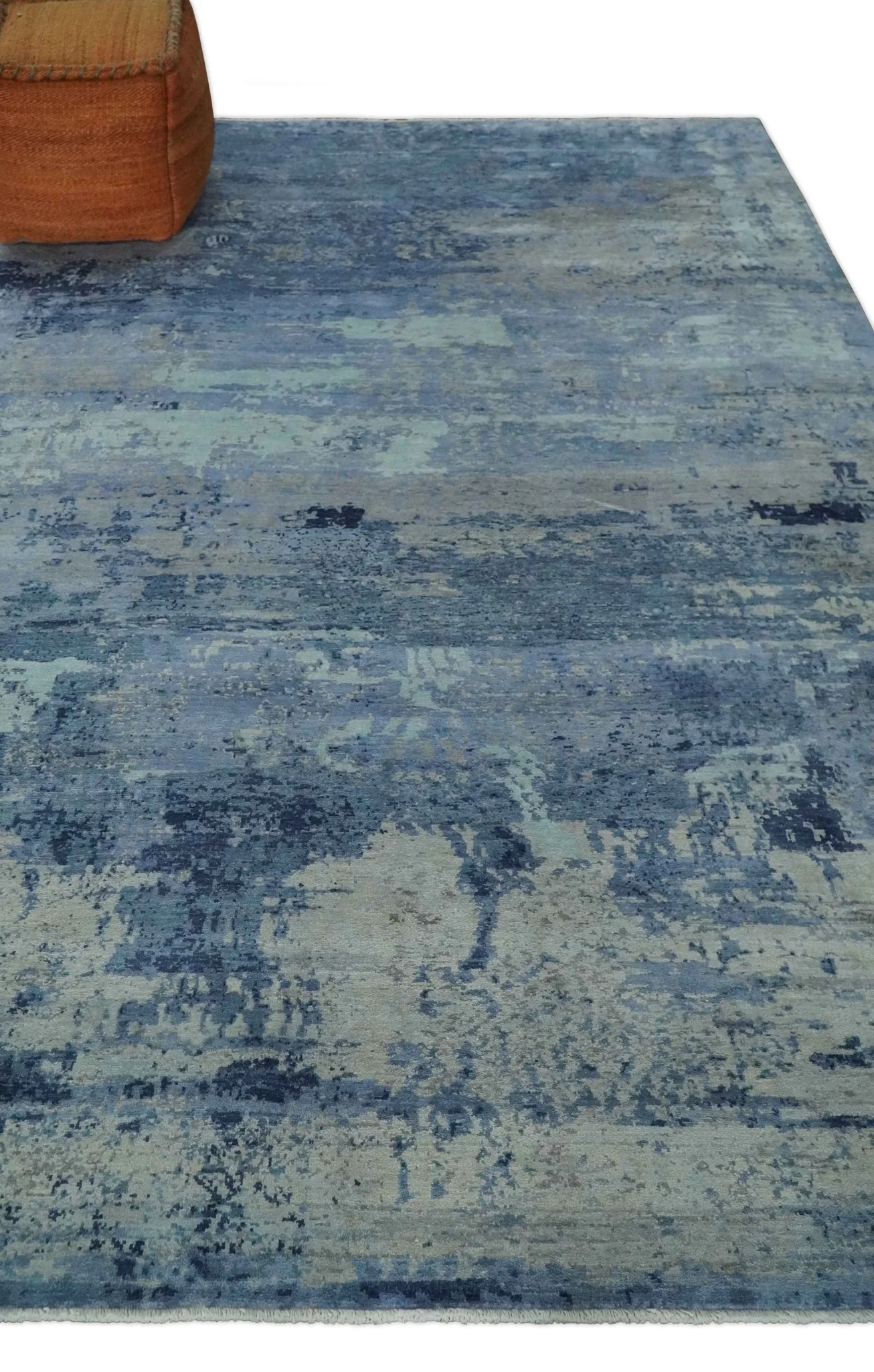 Blue, Ivory and Aqua Modern abstract Hand Knotted 8x10 wool and Bamboo Silk area Rug - Image 3