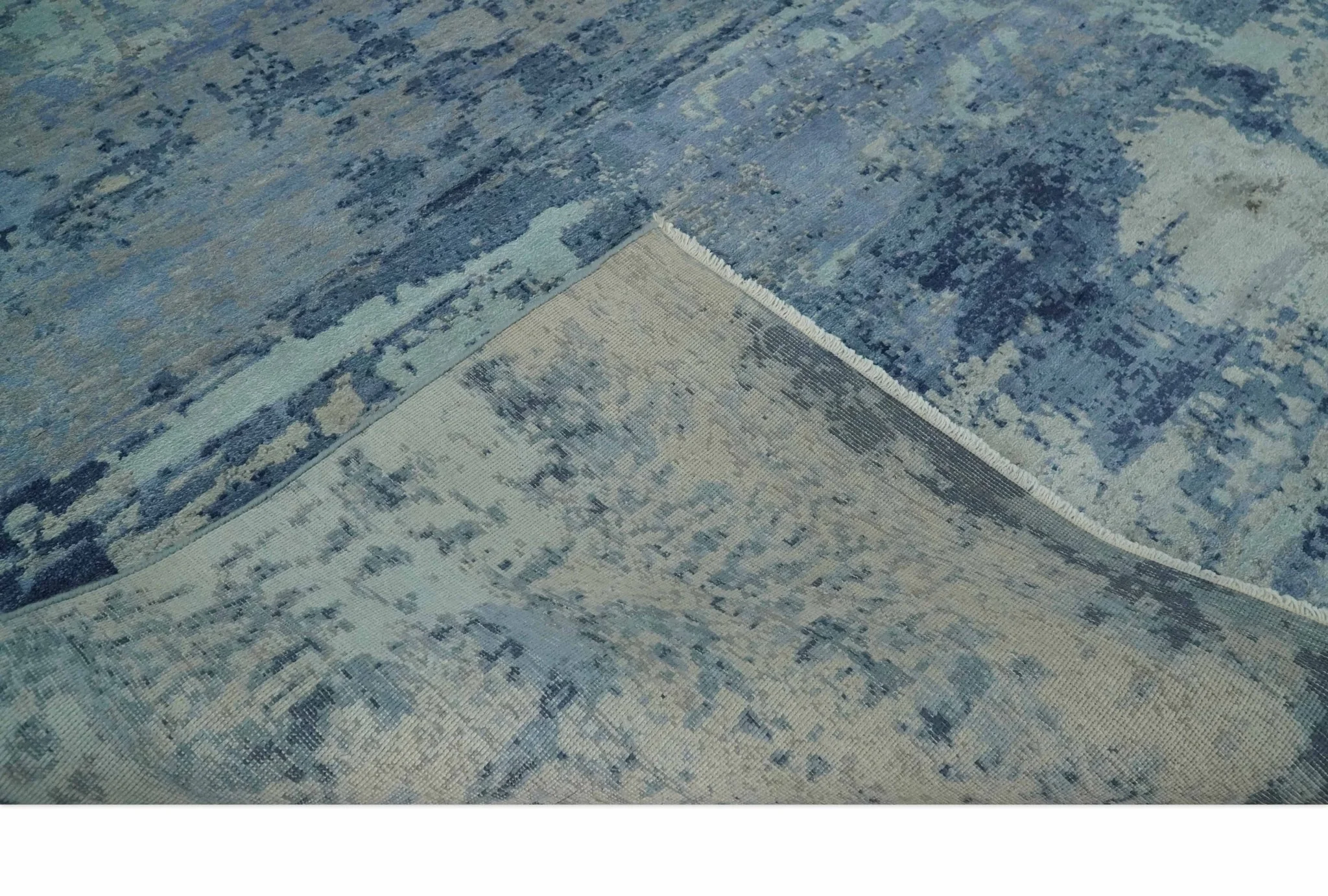 Blue, Ivory and Aqua Modern abstract Hand Knotted 8x10 wool and Bamboo Silk area Rug - Image 7