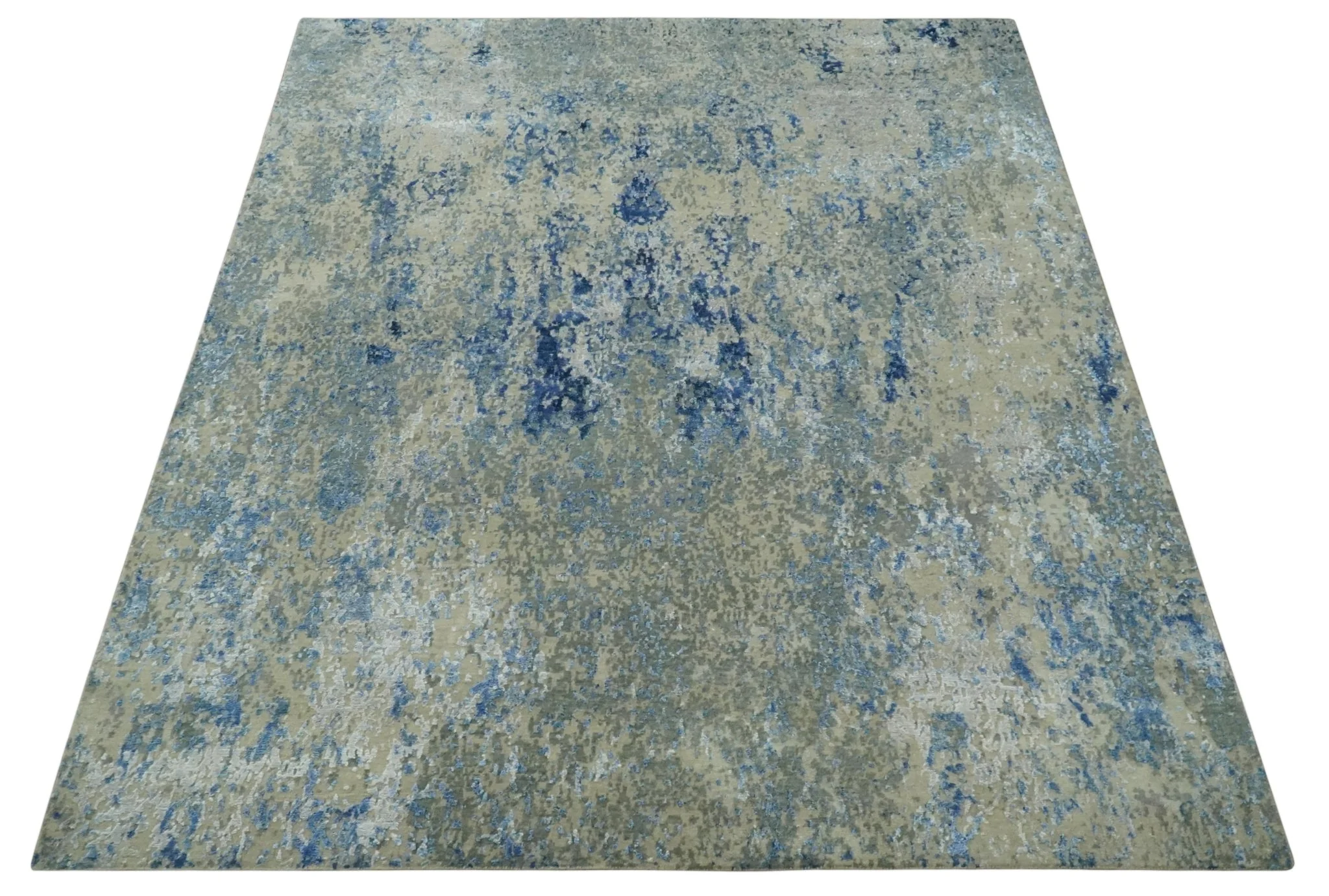 8x10 Fine Blue, Ivory and Beige Hand knotted Abstract wool and Art Silk Area Rug - Image 10