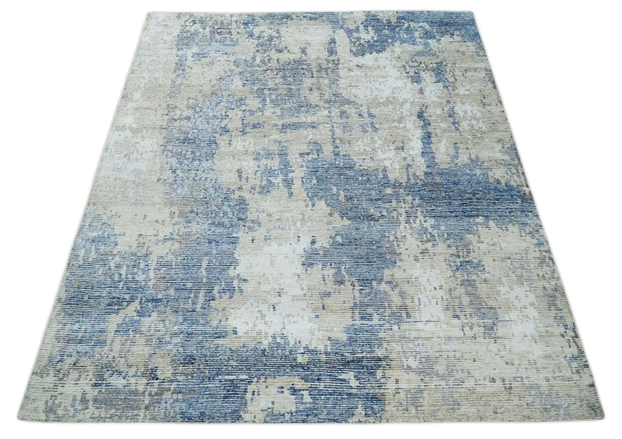 Blue, Ivory and Beige Hand Knotted Abstract 8x10 Bamboo Silk Area Rug | TRD2911 - Image 10
