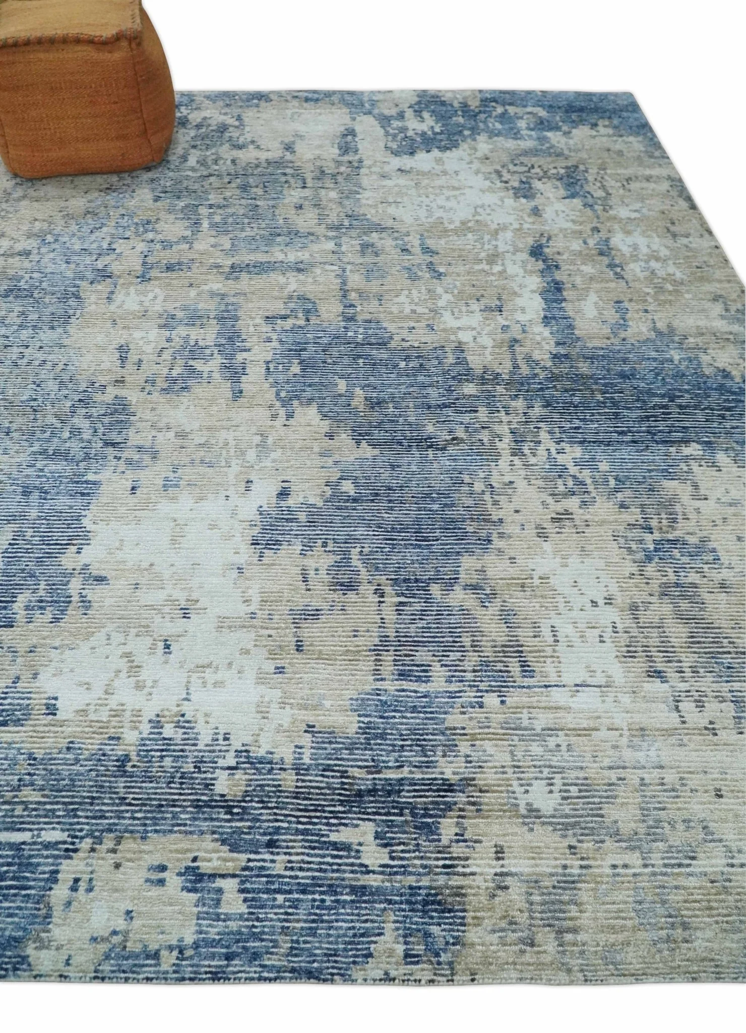 Blue, Ivory and Beige Hand Knotted Abstract 8x10 Bamboo Silk Area Rug | TRD2911 - Image 3