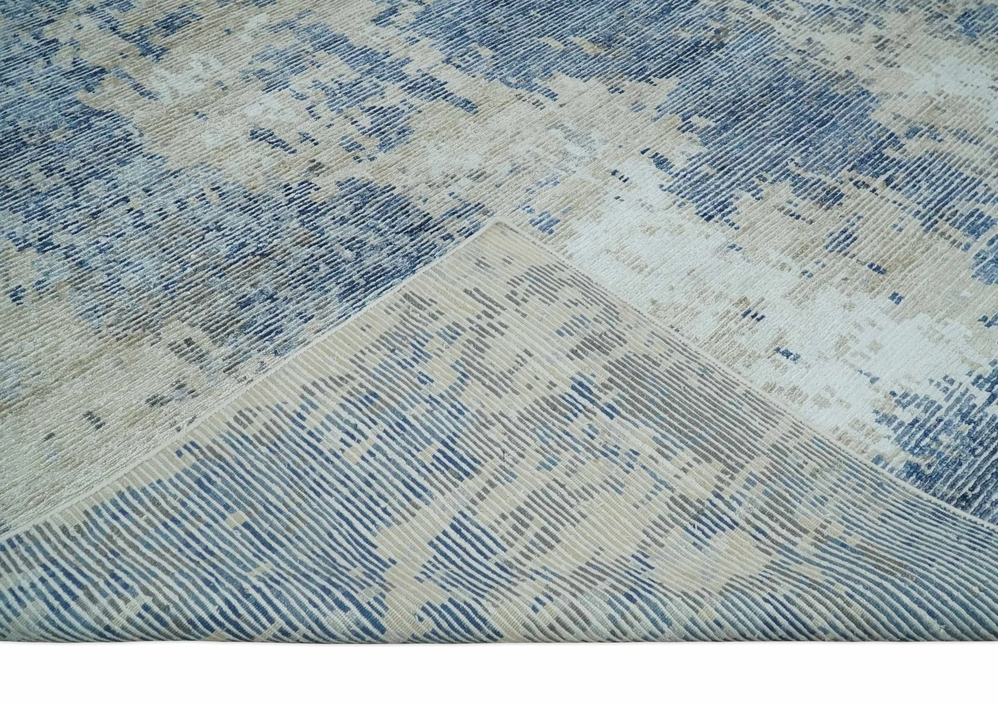 Blue, Ivory and Beige Hand Knotted Abstract 8x10 Bamboo Silk Area Rug | TRD2911 - Image 7