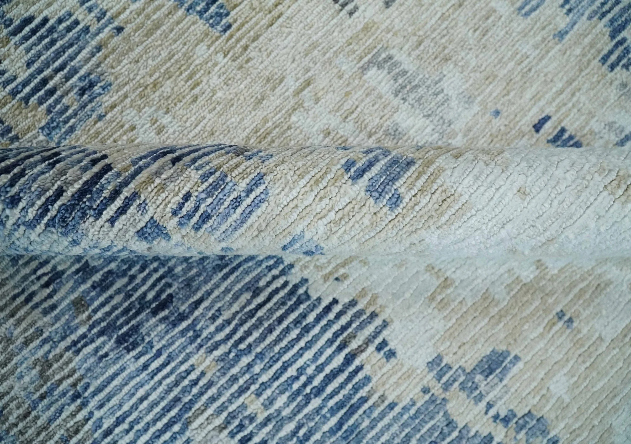 Blue, Ivory and Beige Hand Knotted Abstract 8x10 Bamboo Silk Area Rug | TRD2911 - Image 8