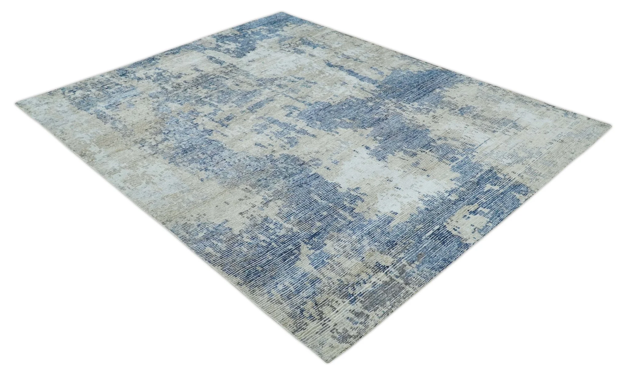 Blue, Ivory and Beige Hand Knotted Abstract 8x10 Bamboo Silk Area Rug | TRD2911 - Image 9