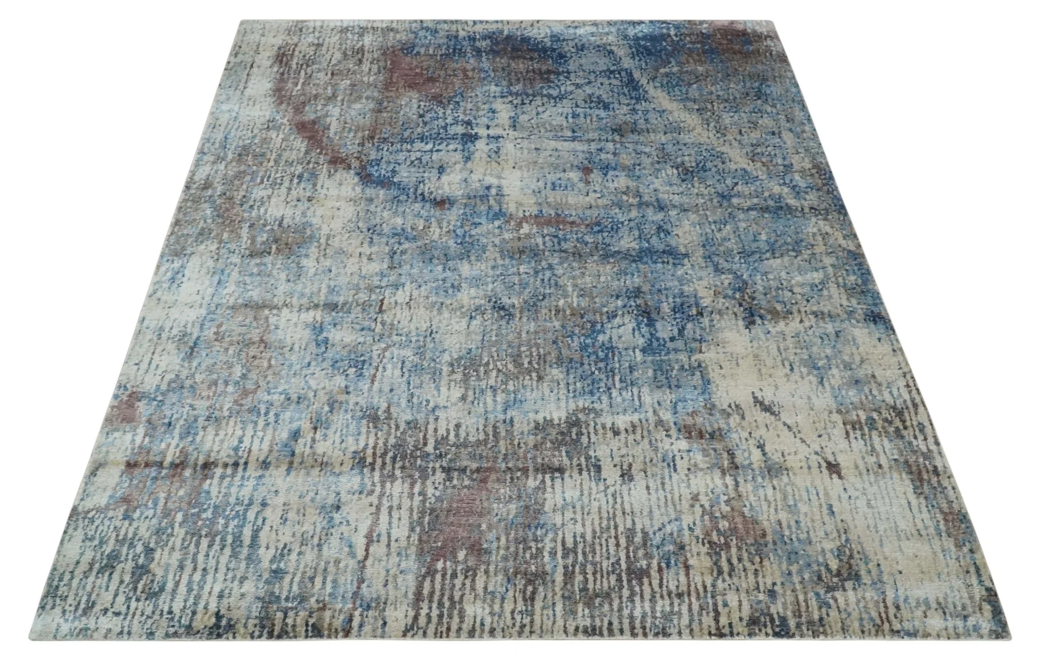 Luxury 8x10  Hand knotted Blue, Ivory and Brown Abstract wool and Silk Blended Area Rug - Image 10