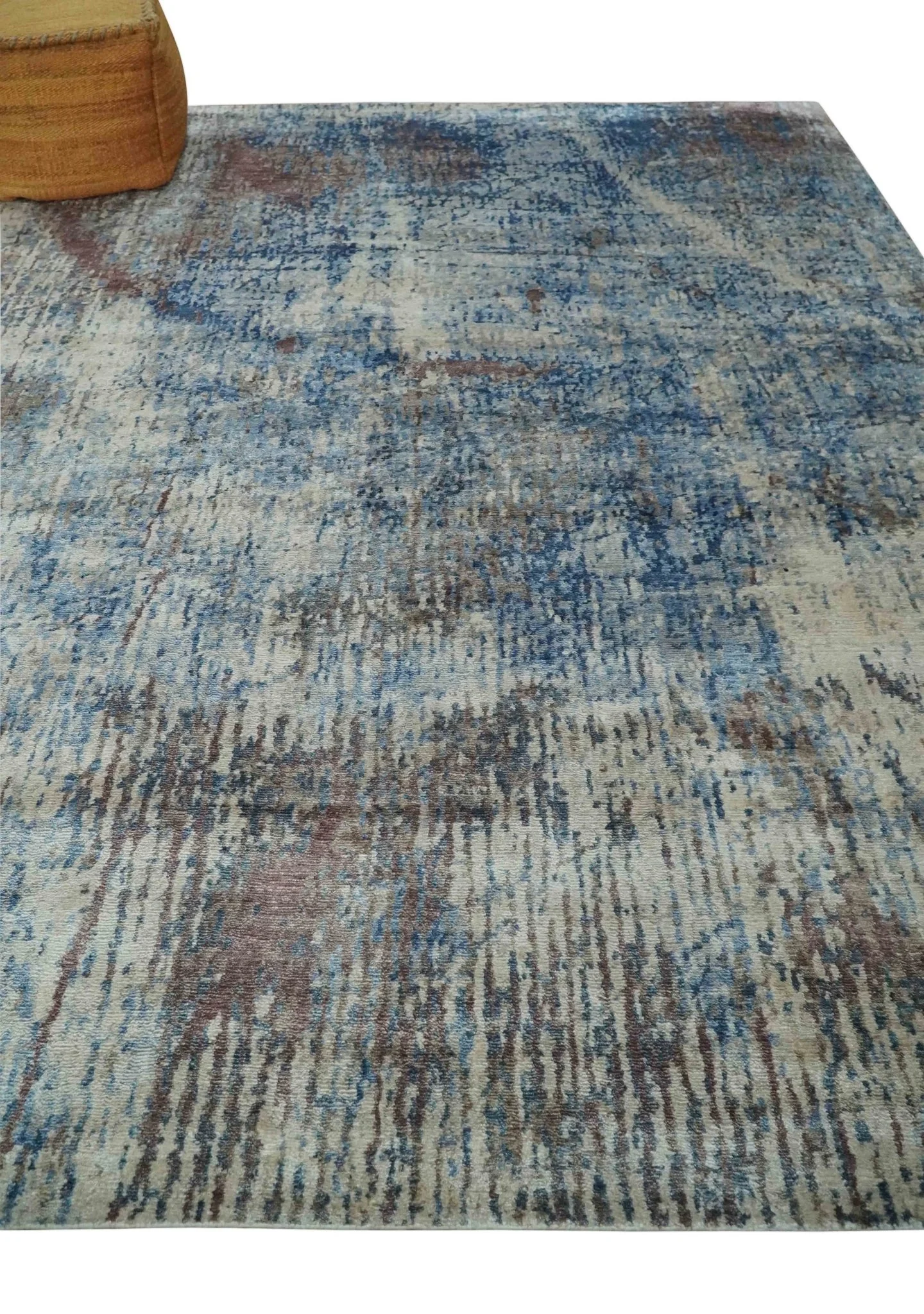 Luxury 8x10  Hand knotted Blue, Ivory and Brown Abstract wool and Silk Blended Area Rug - Image 3