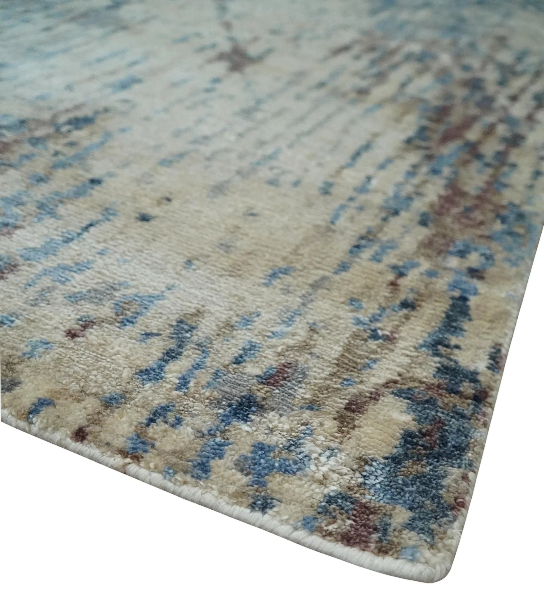 Luxury 8x10  Hand knotted Blue, Ivory and Brown Abstract wool and Silk Blended Area Rug - Image 5