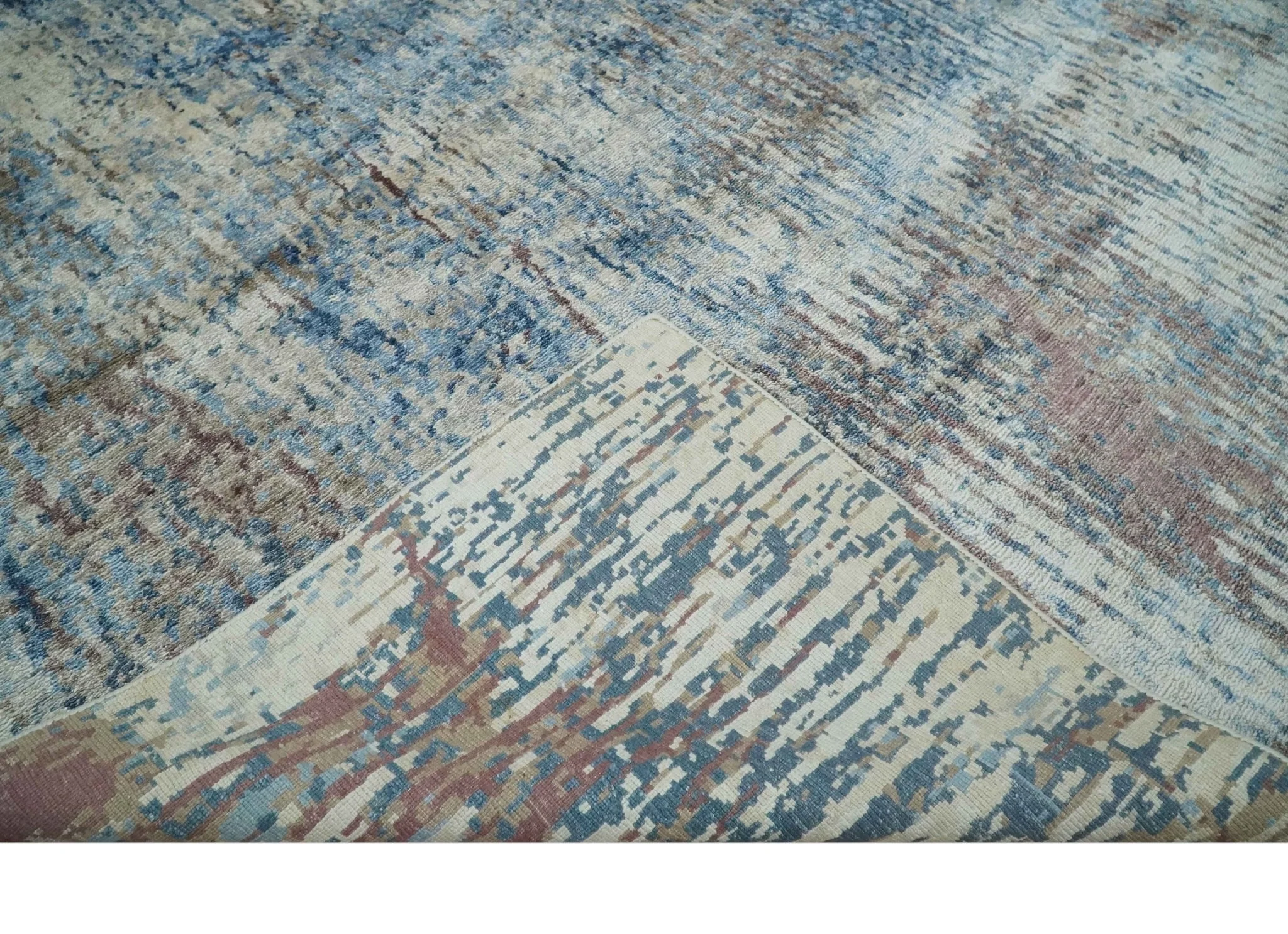 Luxury 8x10  Hand knotted Blue, Ivory and Brown Abstract wool and Silk Blended Area Rug - Image 6